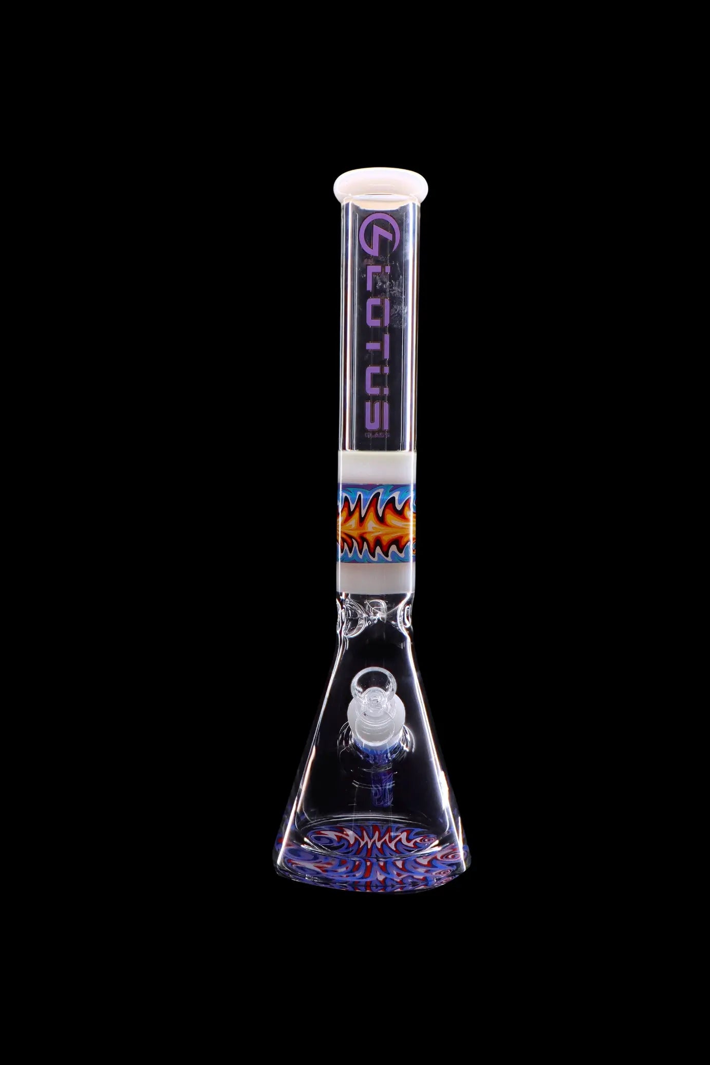 Glass bong with colorful flame design and “Lotus” branding.