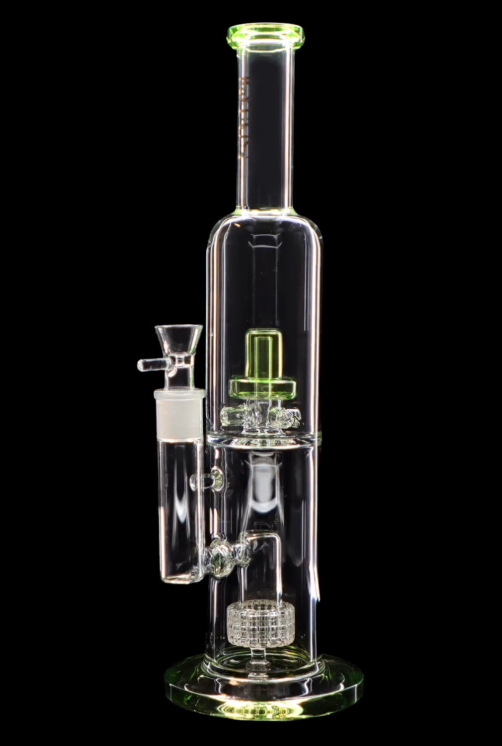 Clear glass water pipe (bong) with green accents, studio shot on black background.