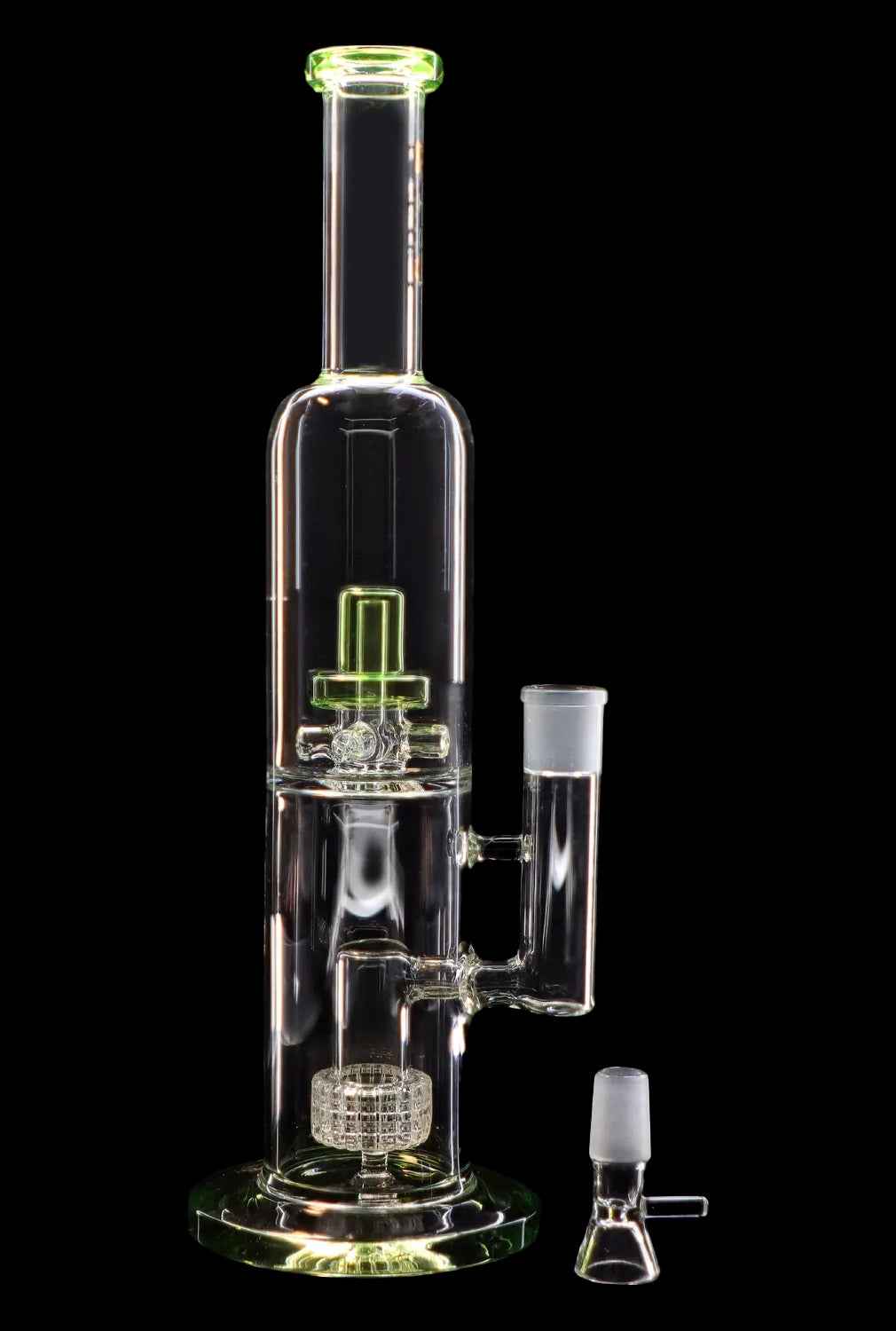 Clear glass water pipe (bong) with green accents and a diffuser downstem, displayed with a separate glass bowl piece.