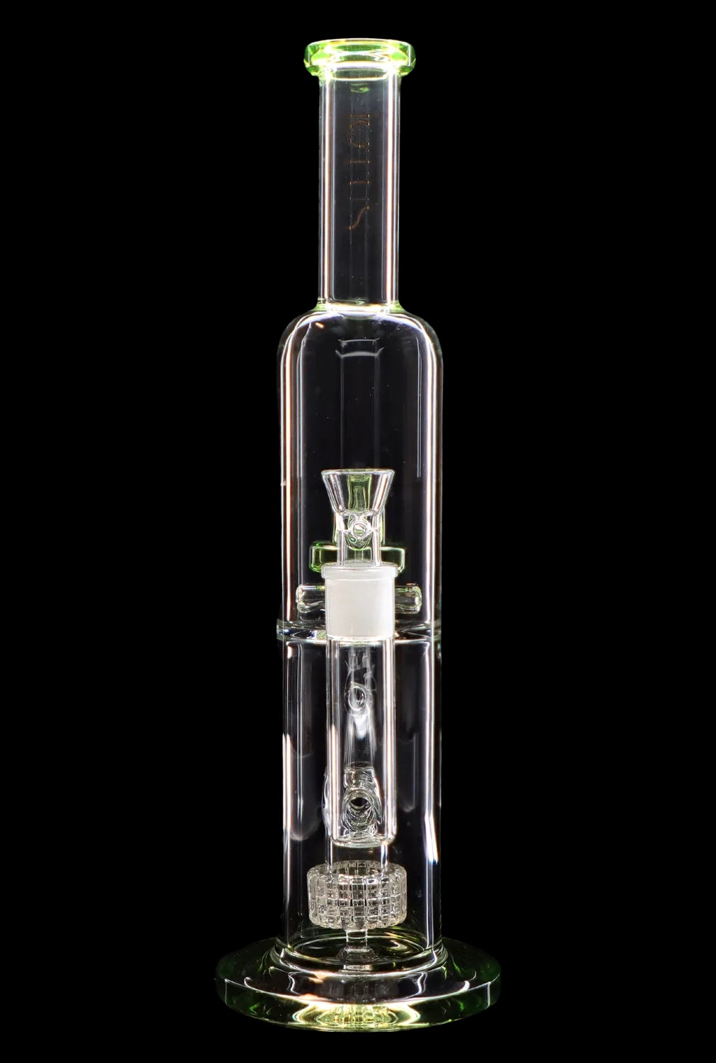 Clear glass water pipe (bong) with green accents, isolated on a black background.