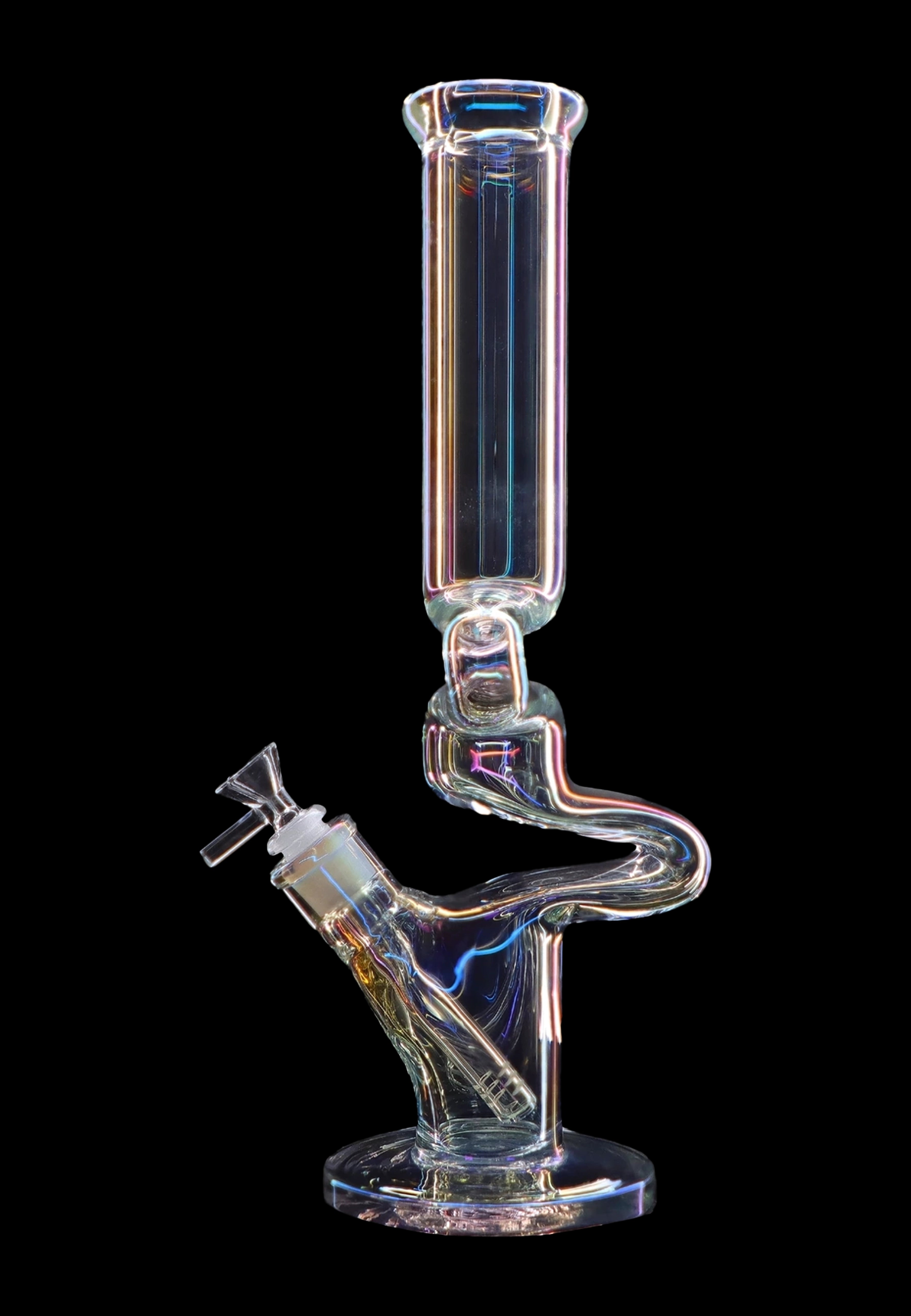 A tall, intricately shaped glass water pipe (bong) with colorful iridescent reflections, isolated on a black background.