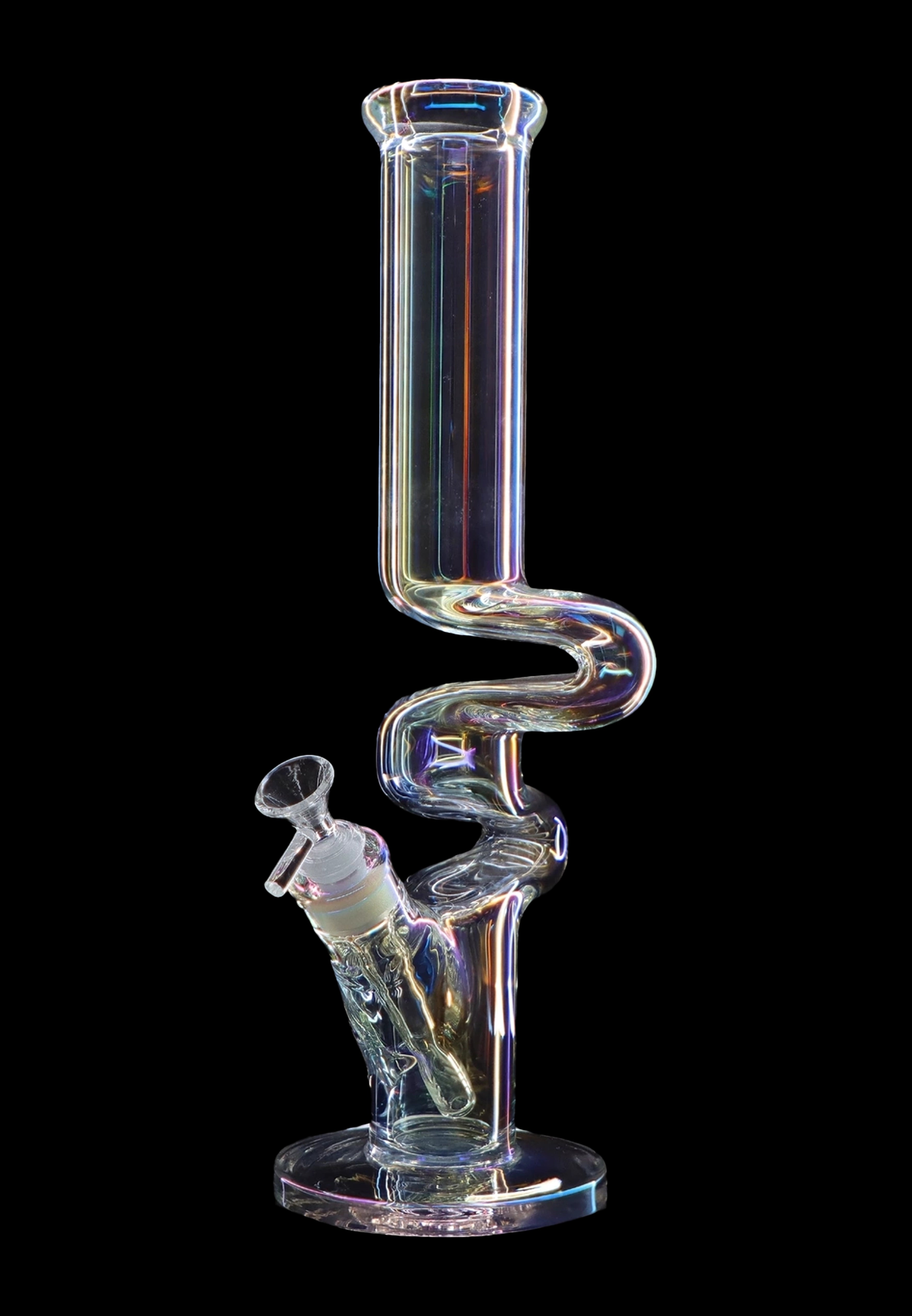 Iridescent glass water pipe with intricate curves and a sculpted base, isolated on black.