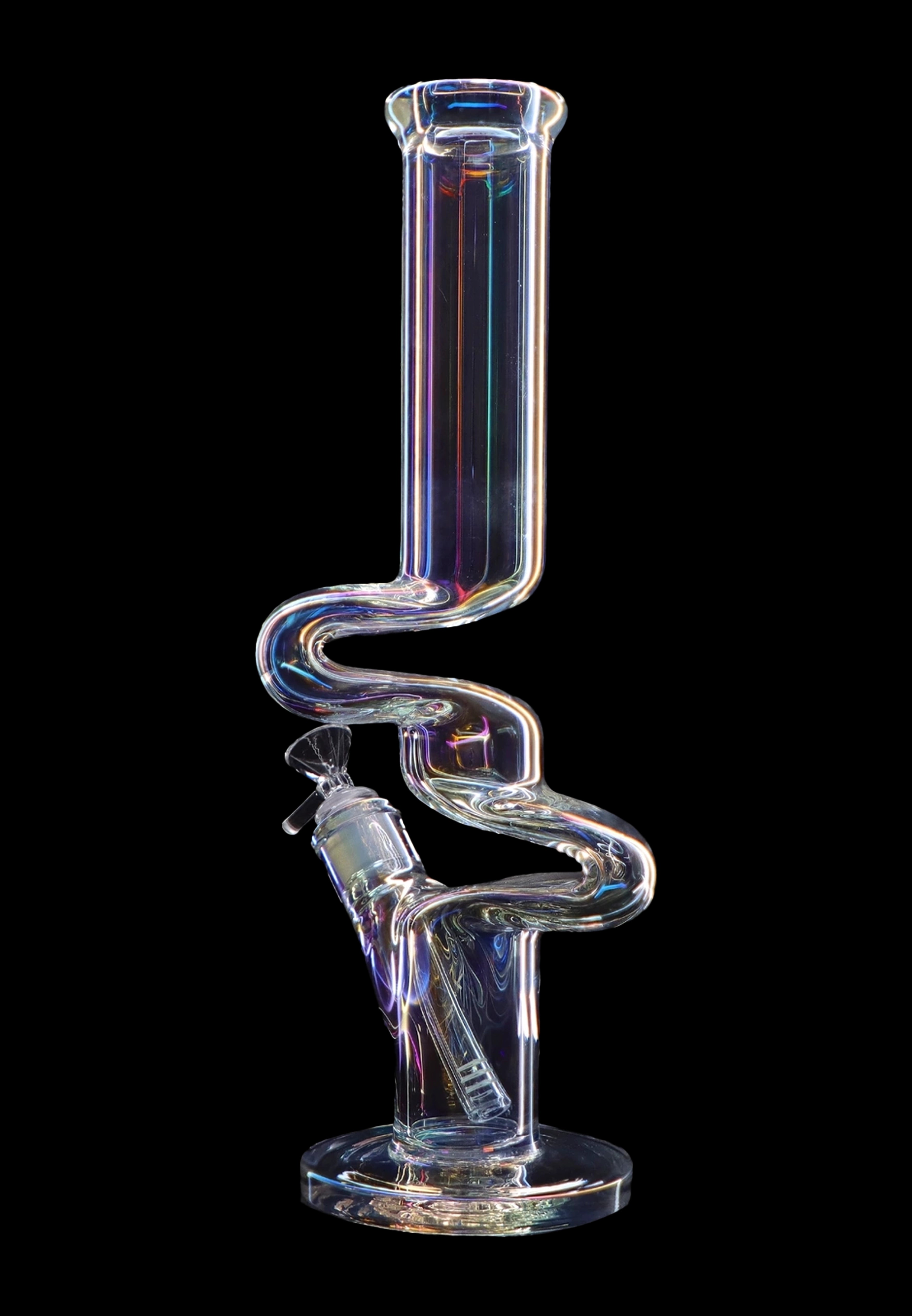 Iridescent glass water pipe (bong) against a black background.
