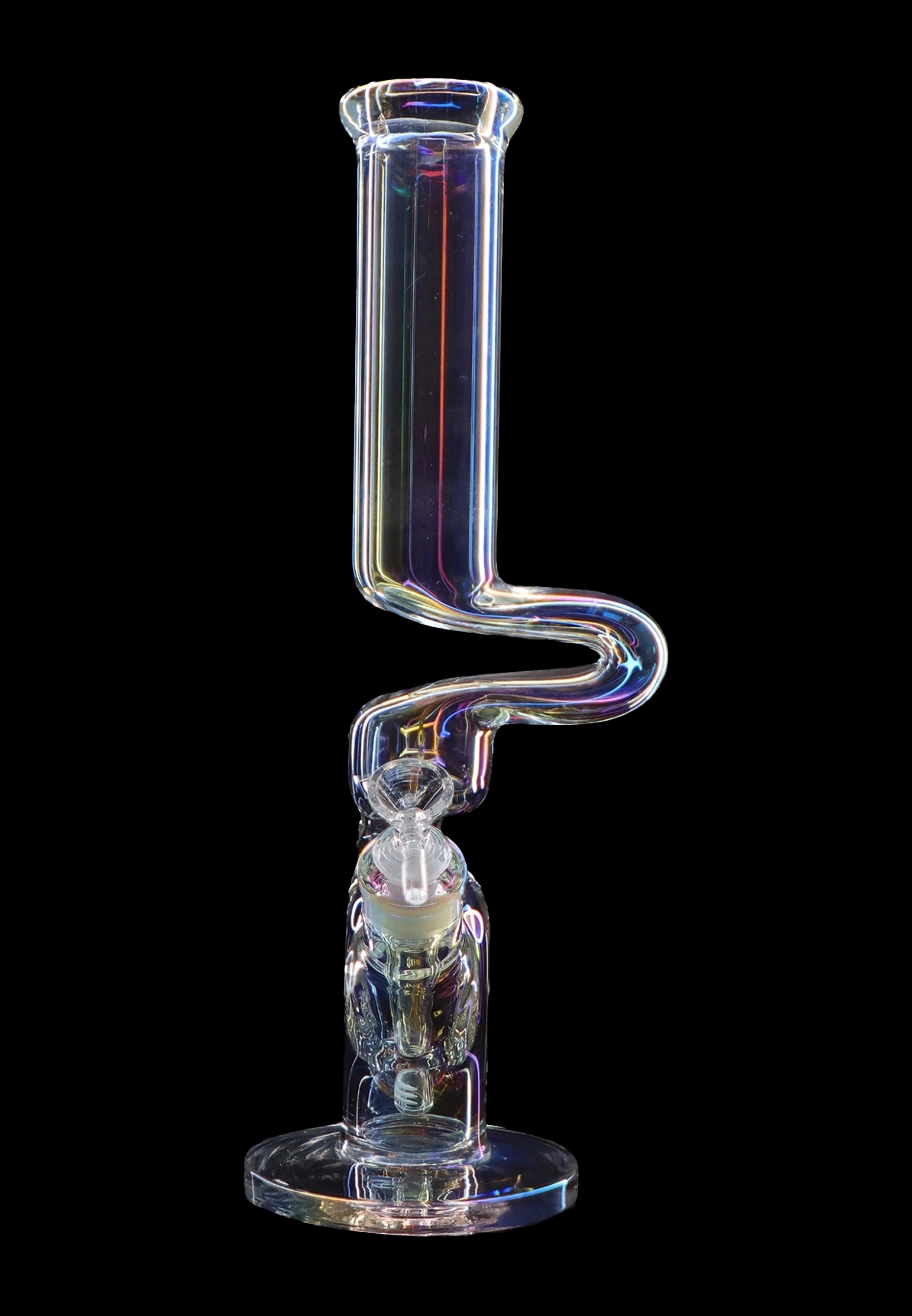 Iridescent glass water pipe (bong) against a black background.