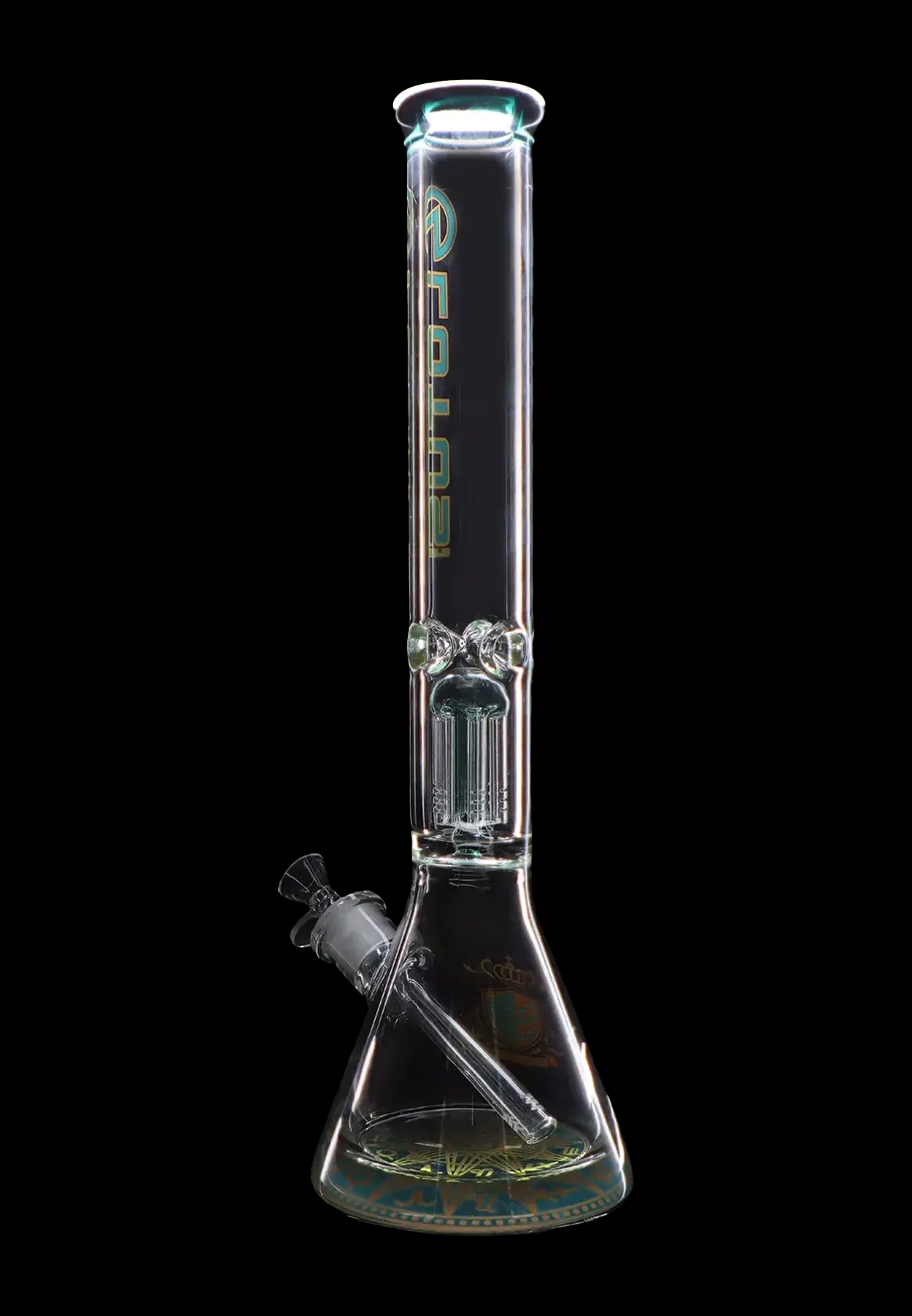 A glass bong with a flared base, ice pinches, and a removable downstem, isolated on a black background.