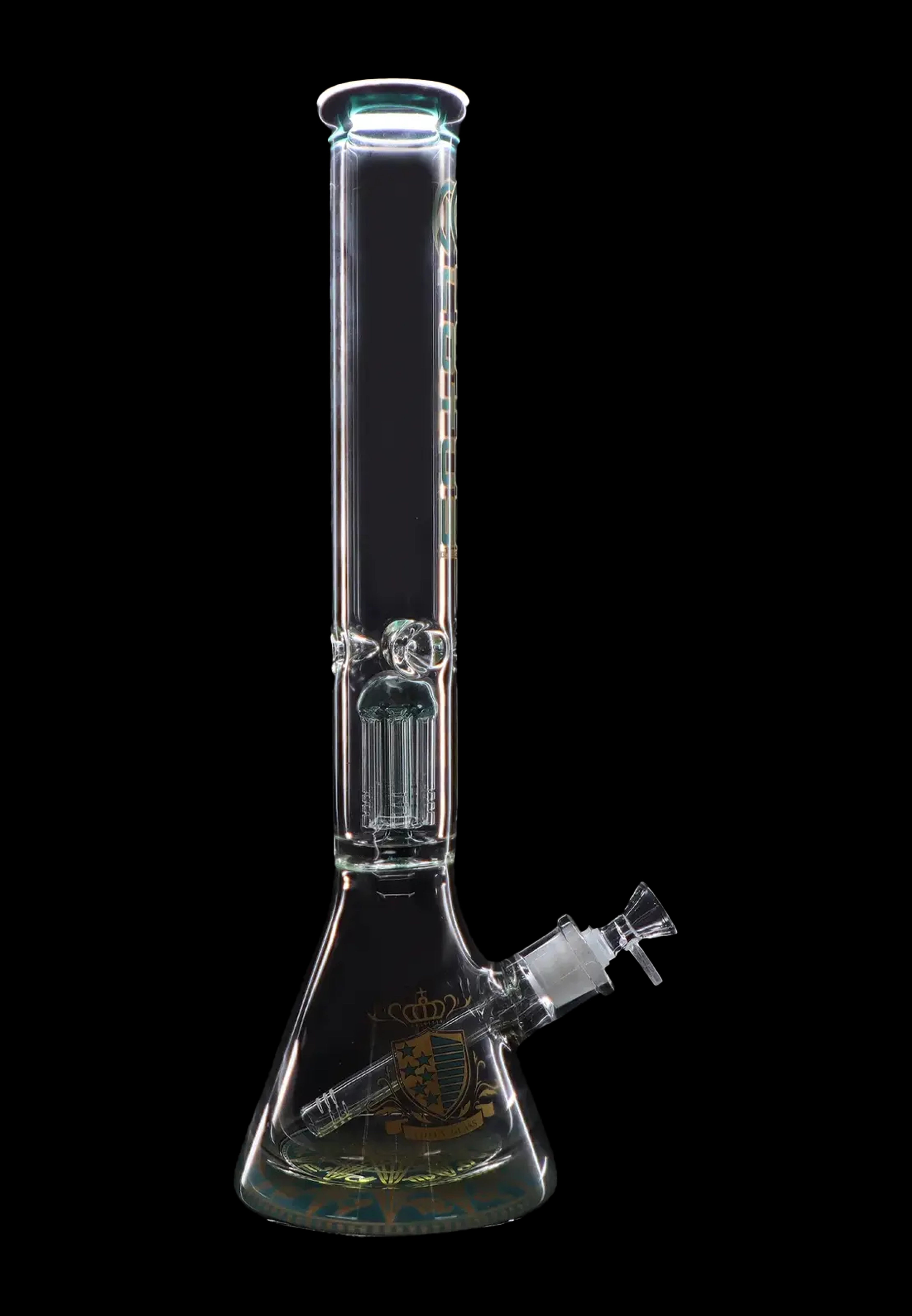 Glass water pipe (bong) with percolators, isolated on a black background.