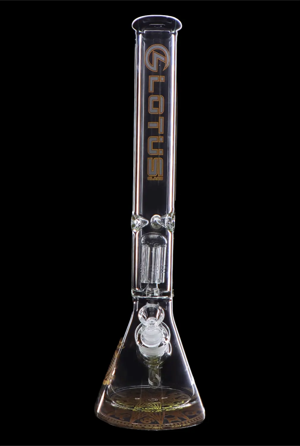Clear glass bong with ice catch and “Glotus” branding against a black background.
