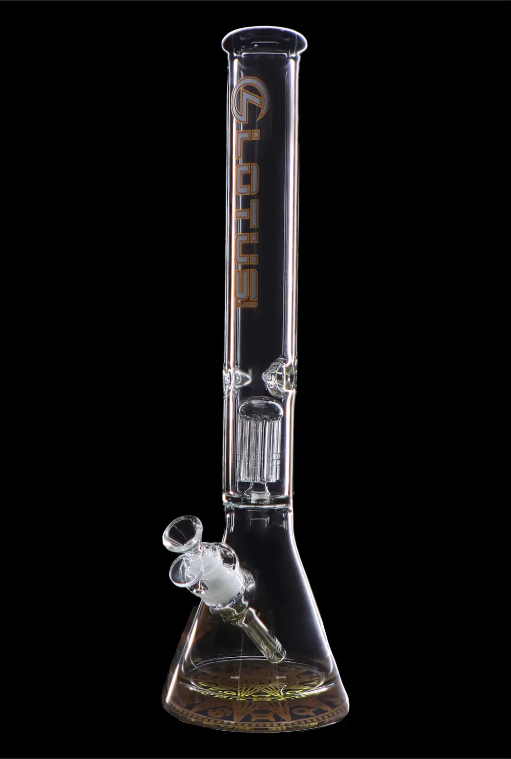 Glass water pipe (bong) with ice catcher and intricate design, isolated on black.