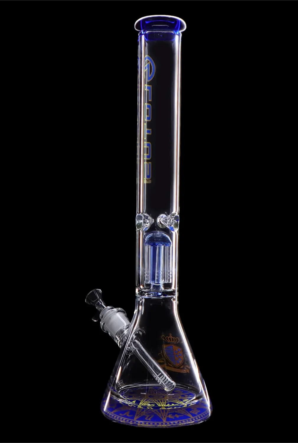 A glowing blue glass bong with intricate designs, isolated on a black background.