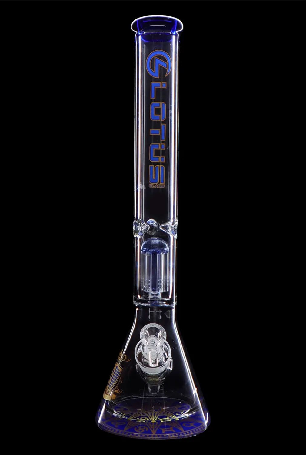 Blue glass bong with intricate design and ice catcher, illuminated against a black background.