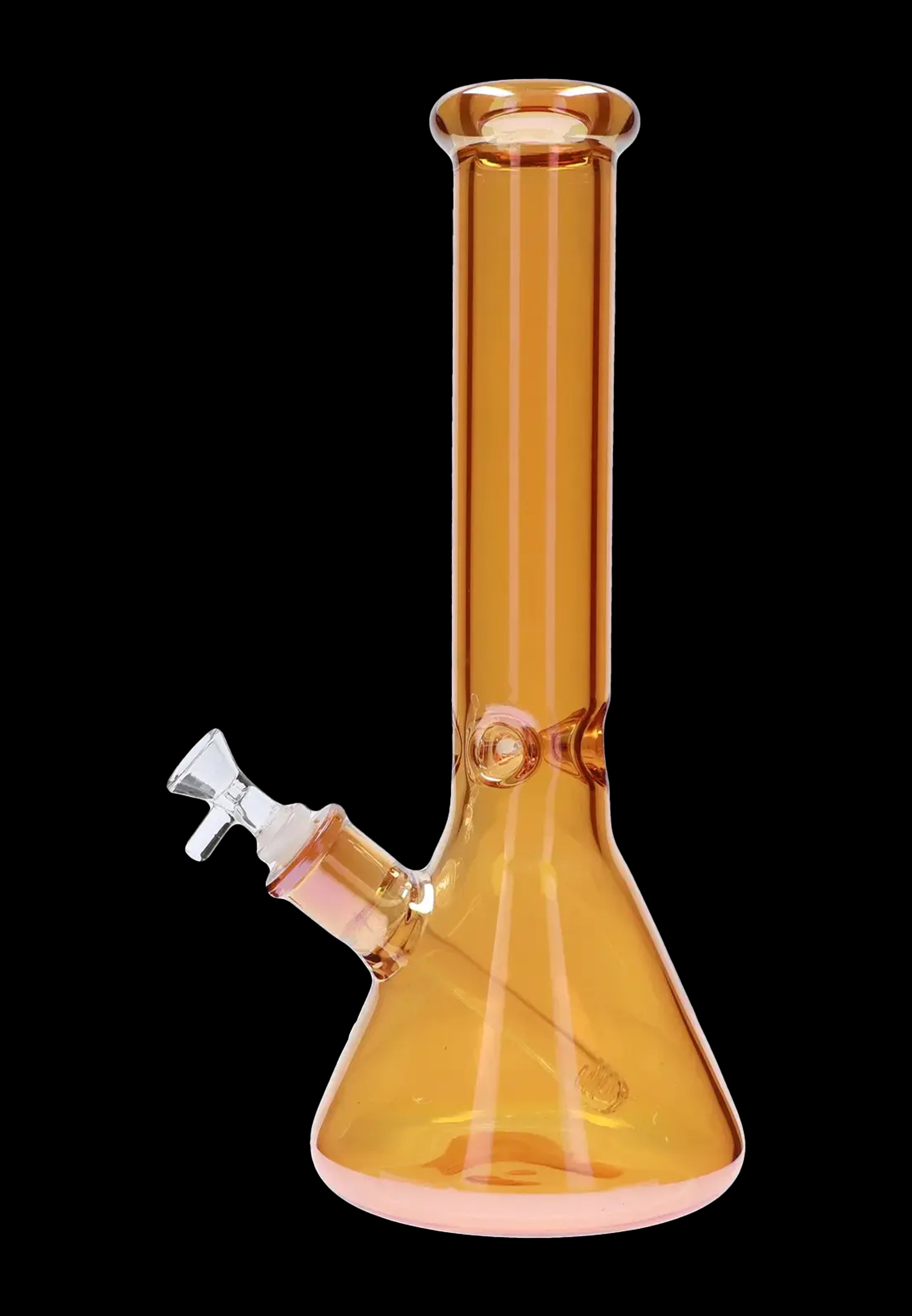 Amber glass bong with a flared base and angled neck.