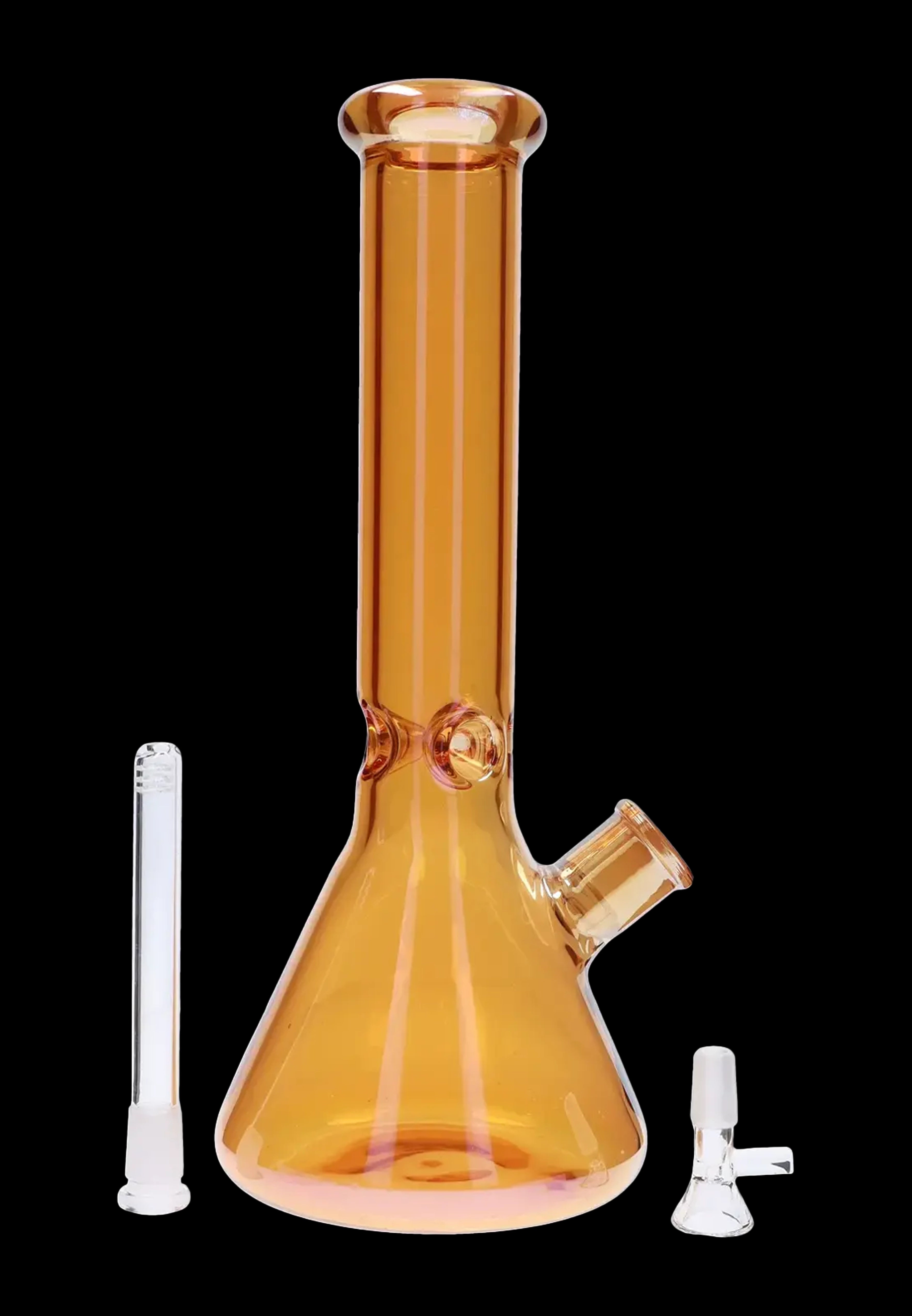 Amber glass bong with removable downstem and bowl, displayed against a black background.
