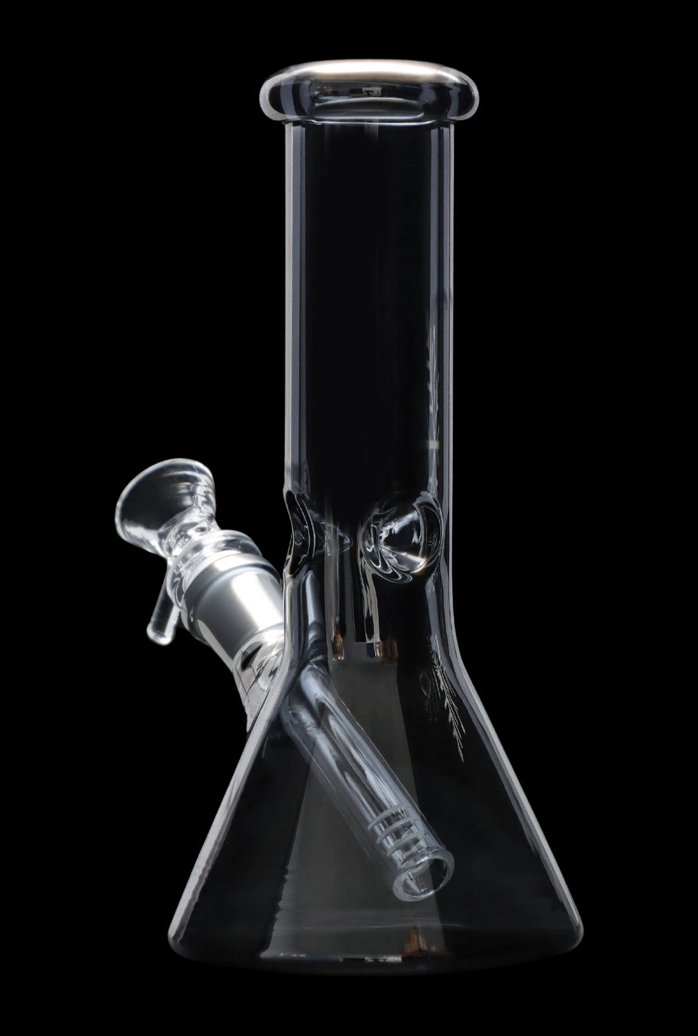 Clear glass bong with intricate design, isolated on black.
