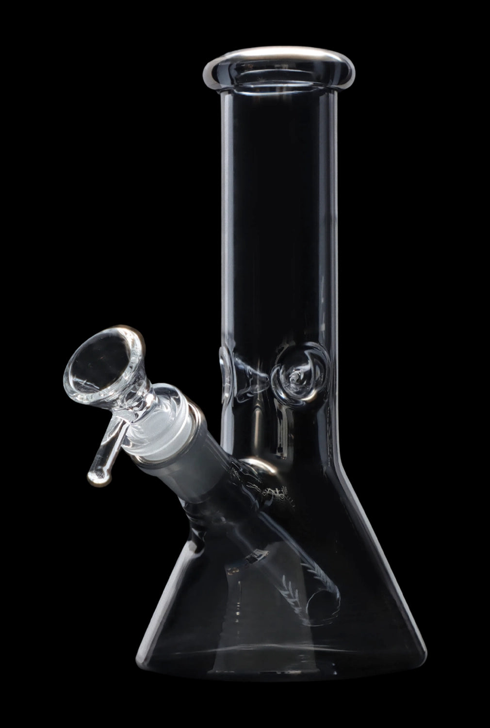 Clear glass bong with ice catcher and flared base, isolated on black.