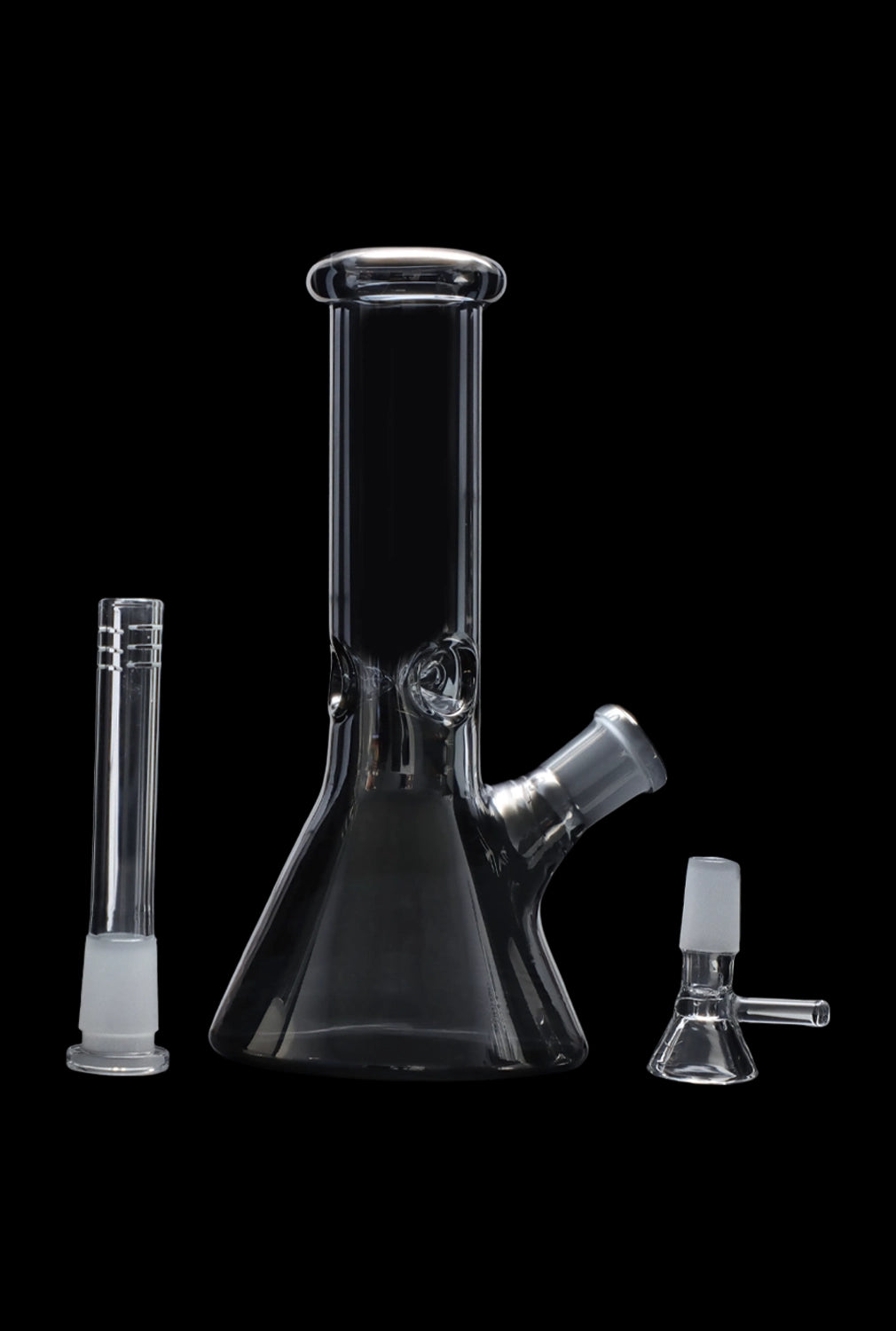 Glass bong with downstem and bowl, isolated on black.