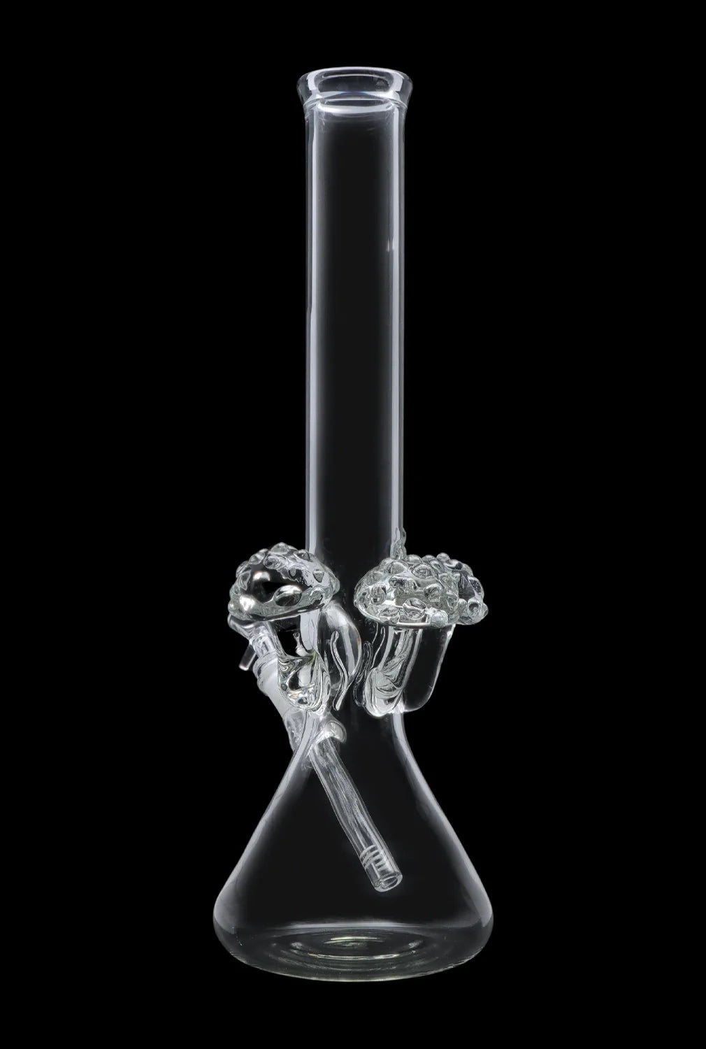 Clear glass bong with mushroom-shaped percolators, isolated on a black background.