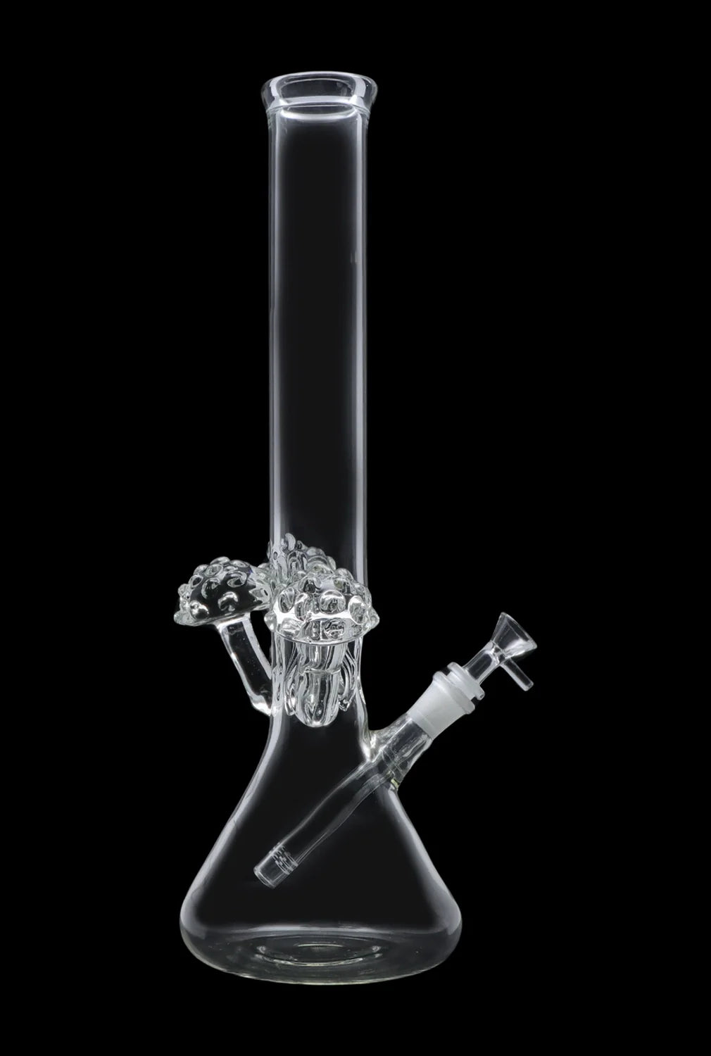 Clear glass bong with percolator against a black background.