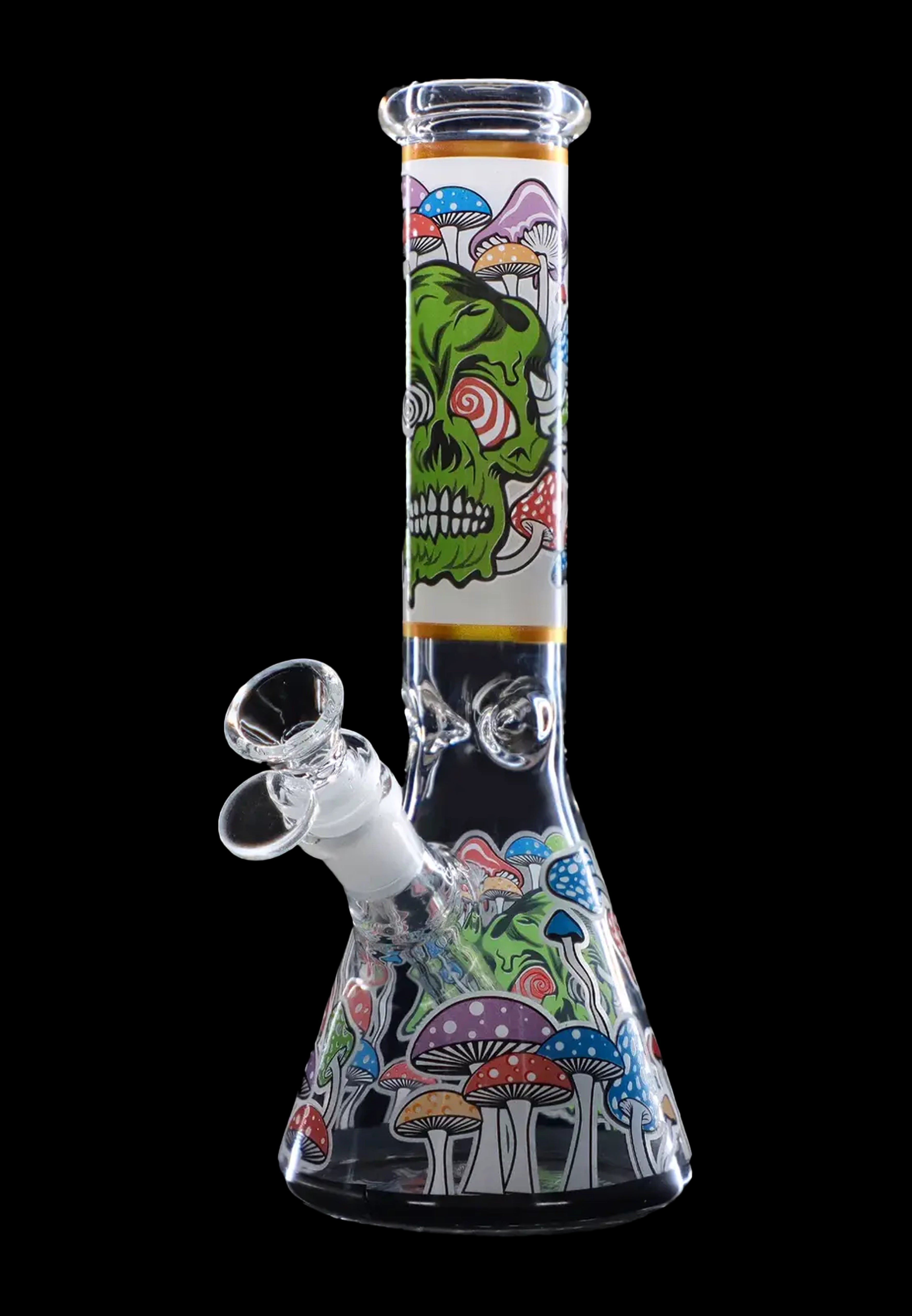 Glass bong with colorful mushroom and skull design.