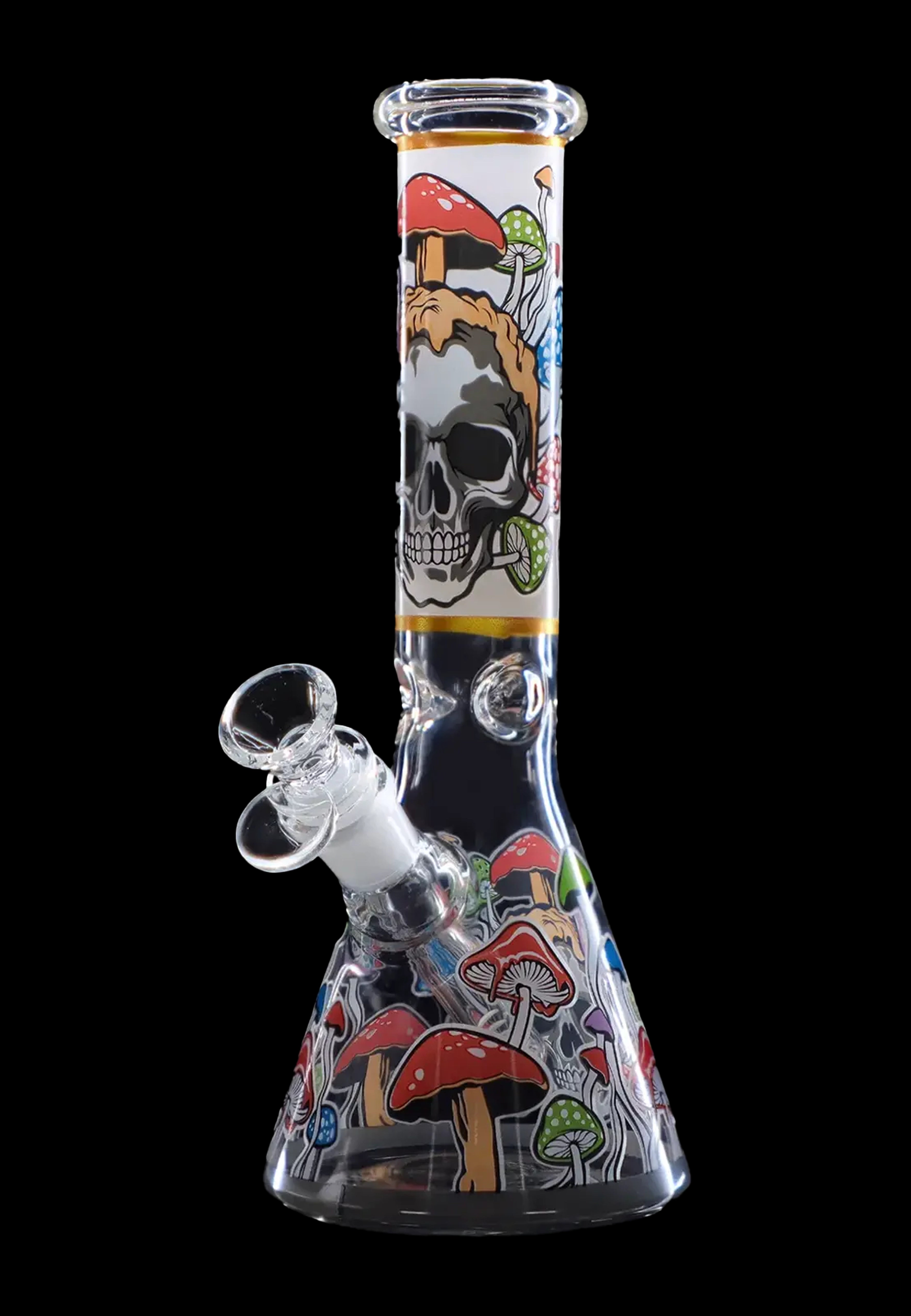 Glass bong decorated with colorful mushroom and skull designs.