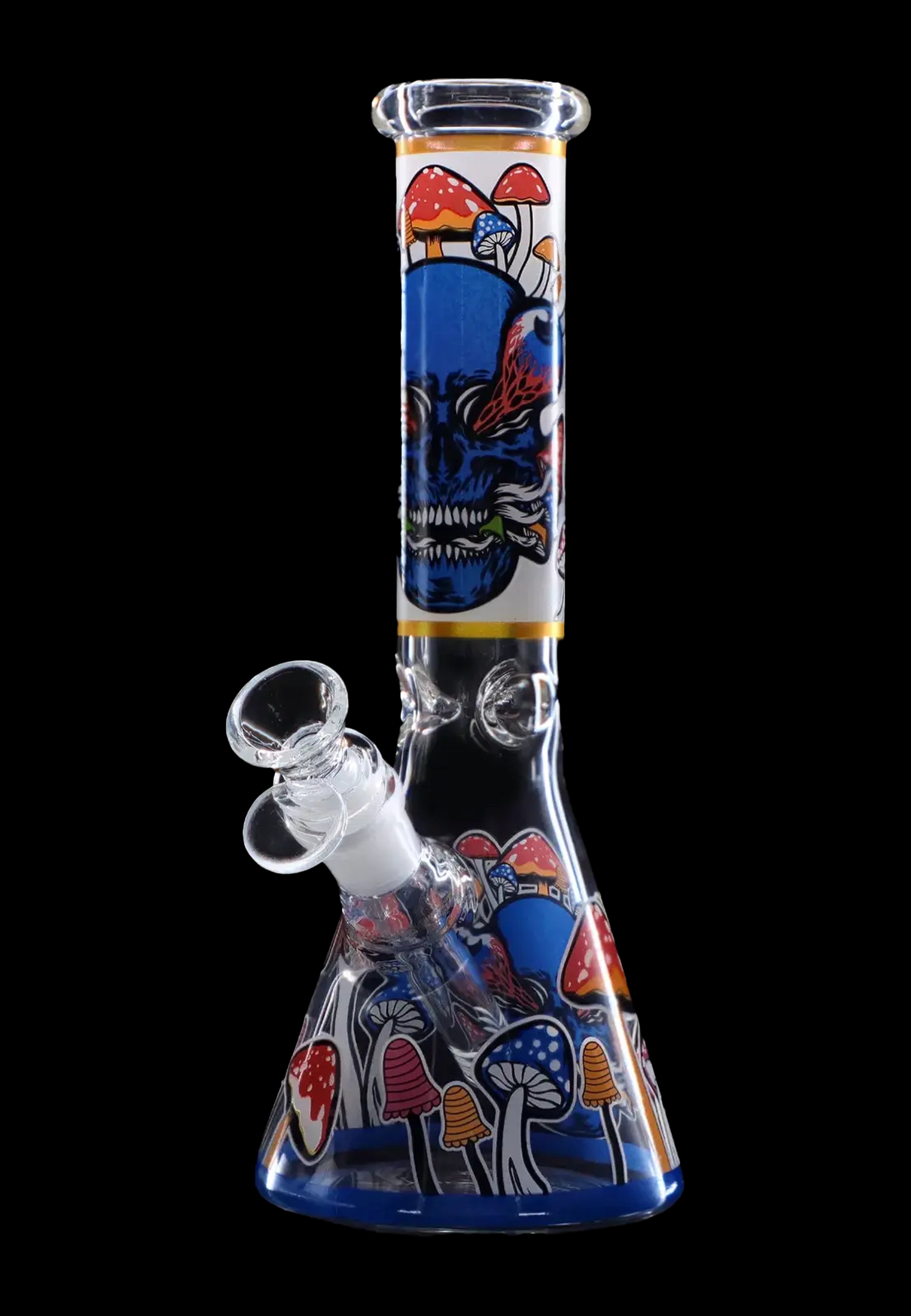 Front view of the Mushroom Design 10" Water Pipe, a tall glass piece with colorful mushroom illustrations along its body.