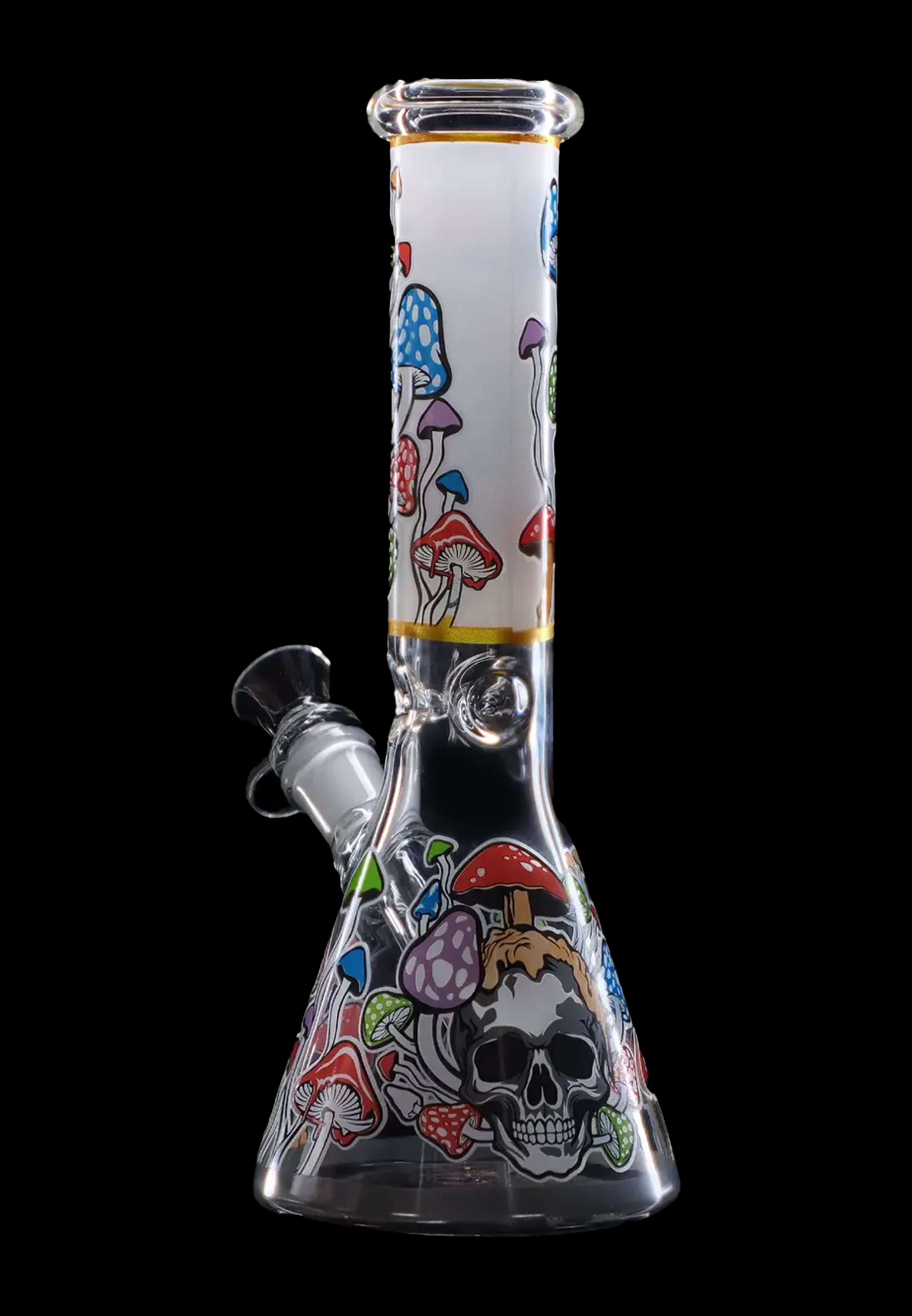 Front view of the Mushroom Design 10" Water Pipe, a clear glass piece decorated with colorful mushroom illustrations.