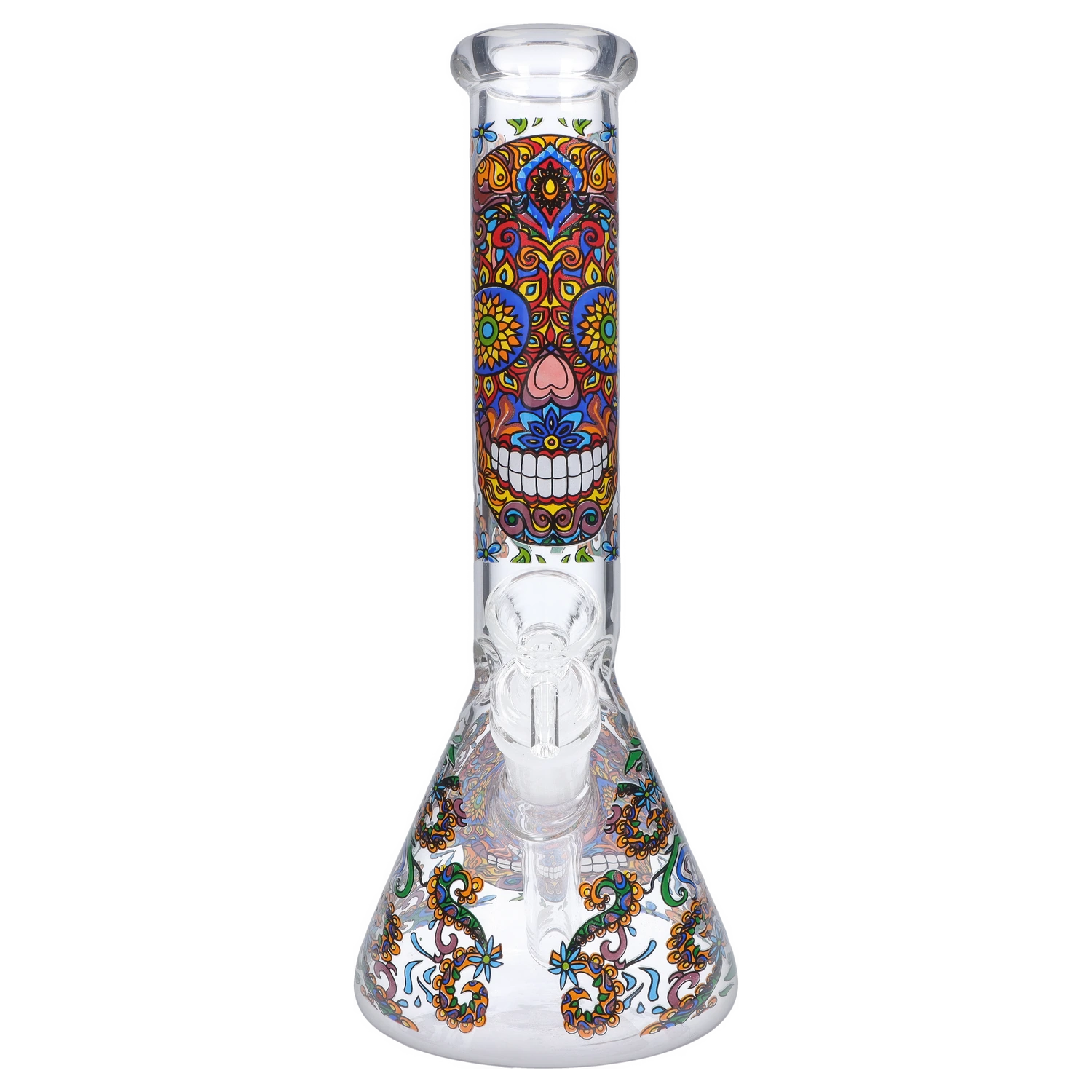 Centered front view of the Smoke Cartel Skull Beaker Bong - 10 in., showing a colorful sugar-skull motif on its straight neck and beaker base