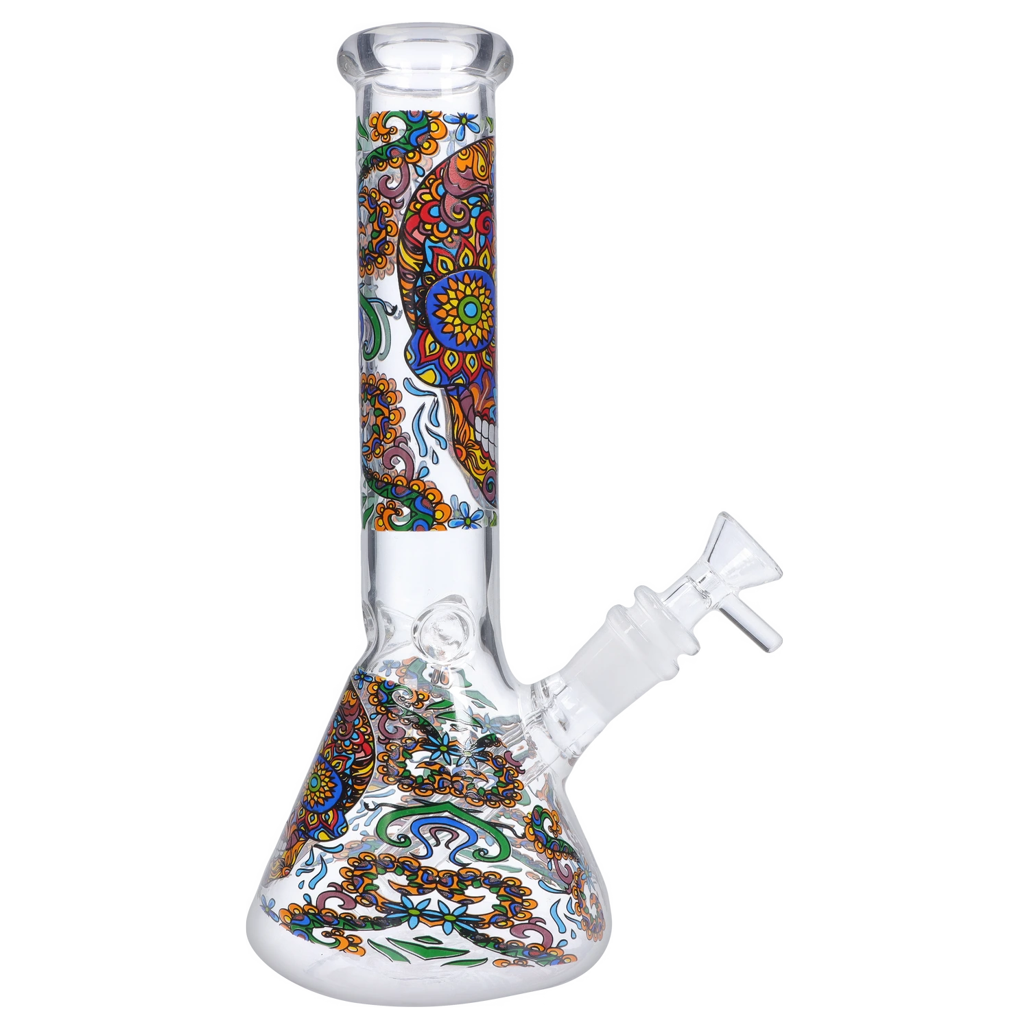 Angled studio shot of the Smoke Cartel Skull Beaker Bong - 10 in. showing the clear glass beaker and colorful skull mandala decal up the neck.