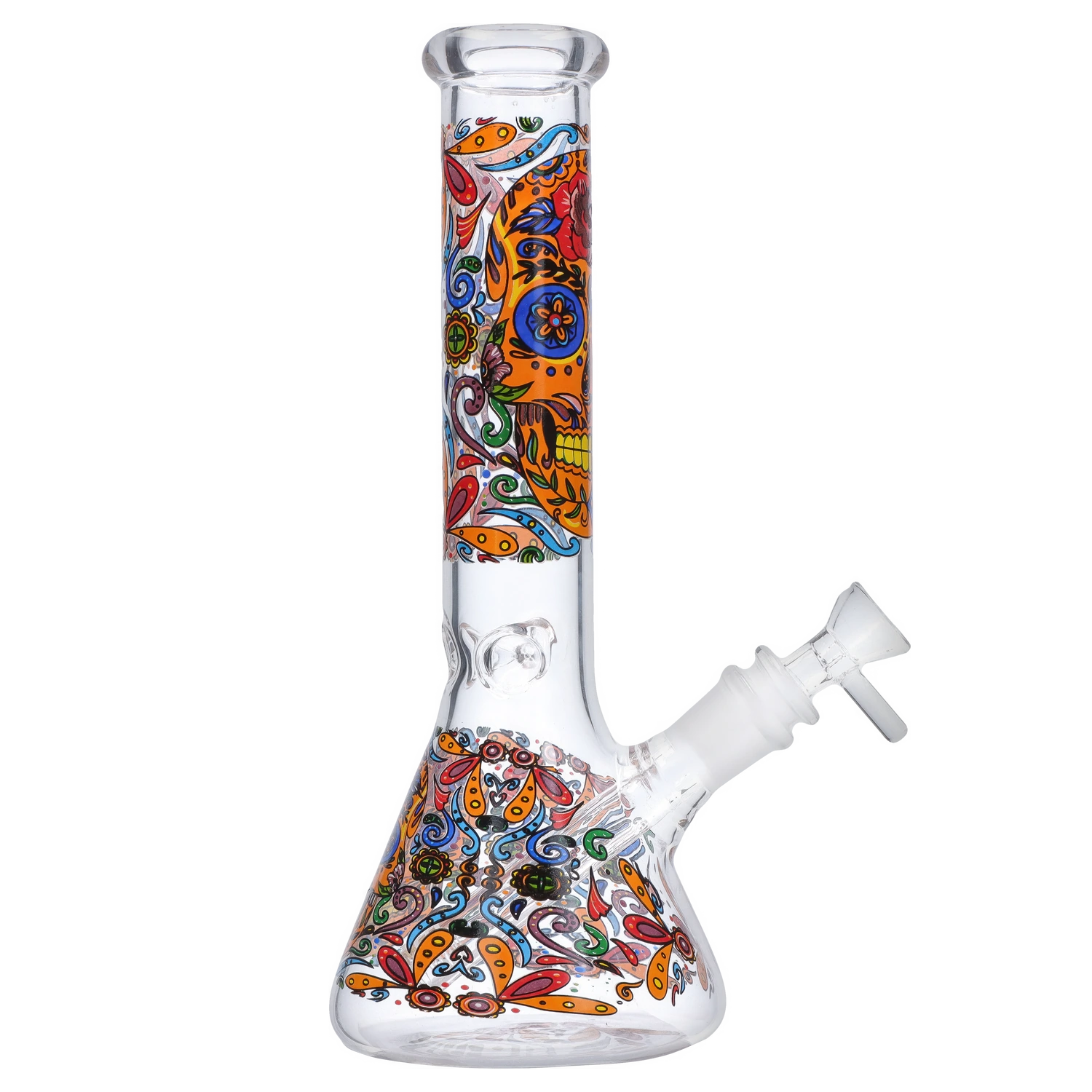 Side view of the Smoke Cartel Skull Beaker Bong - 10 in. showing a clear glass beaker base and straight neck decorated with colorful orange, blue, and red skull-and-floral patterns.