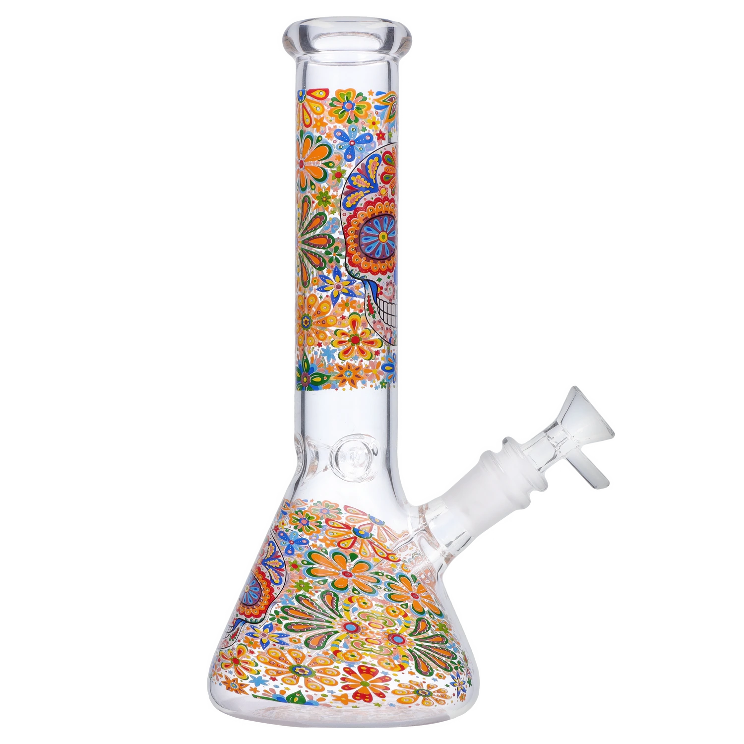 Side view of the Smoke Cartel Skull Beaker Bong - 10 in. showing a clear glass beaker with colorful floral skull decal wrapping the body.