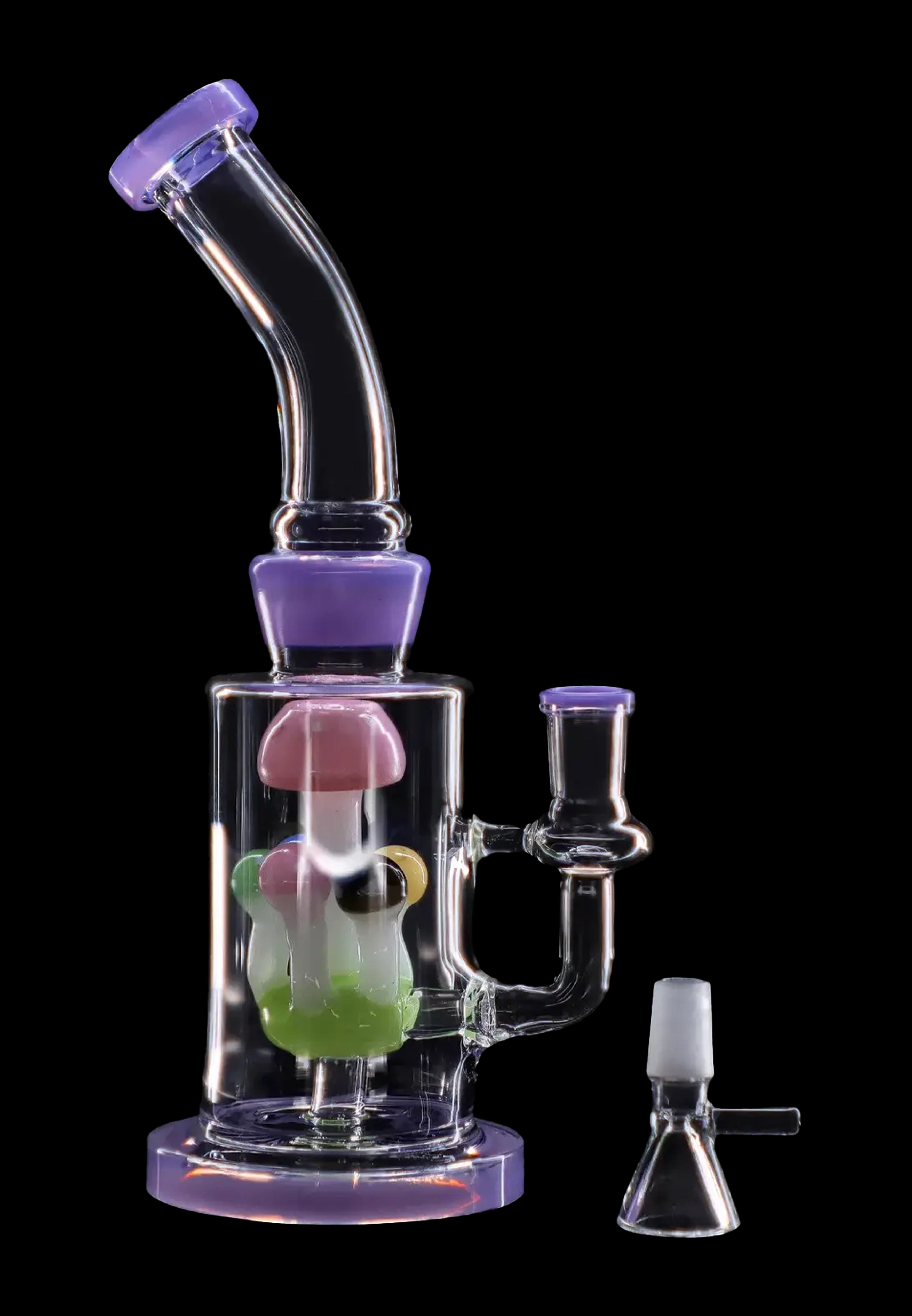 A colorful glass water pipe (bong) with a complex perc system, displayed against a black background, and including a separate glass bowl piece.