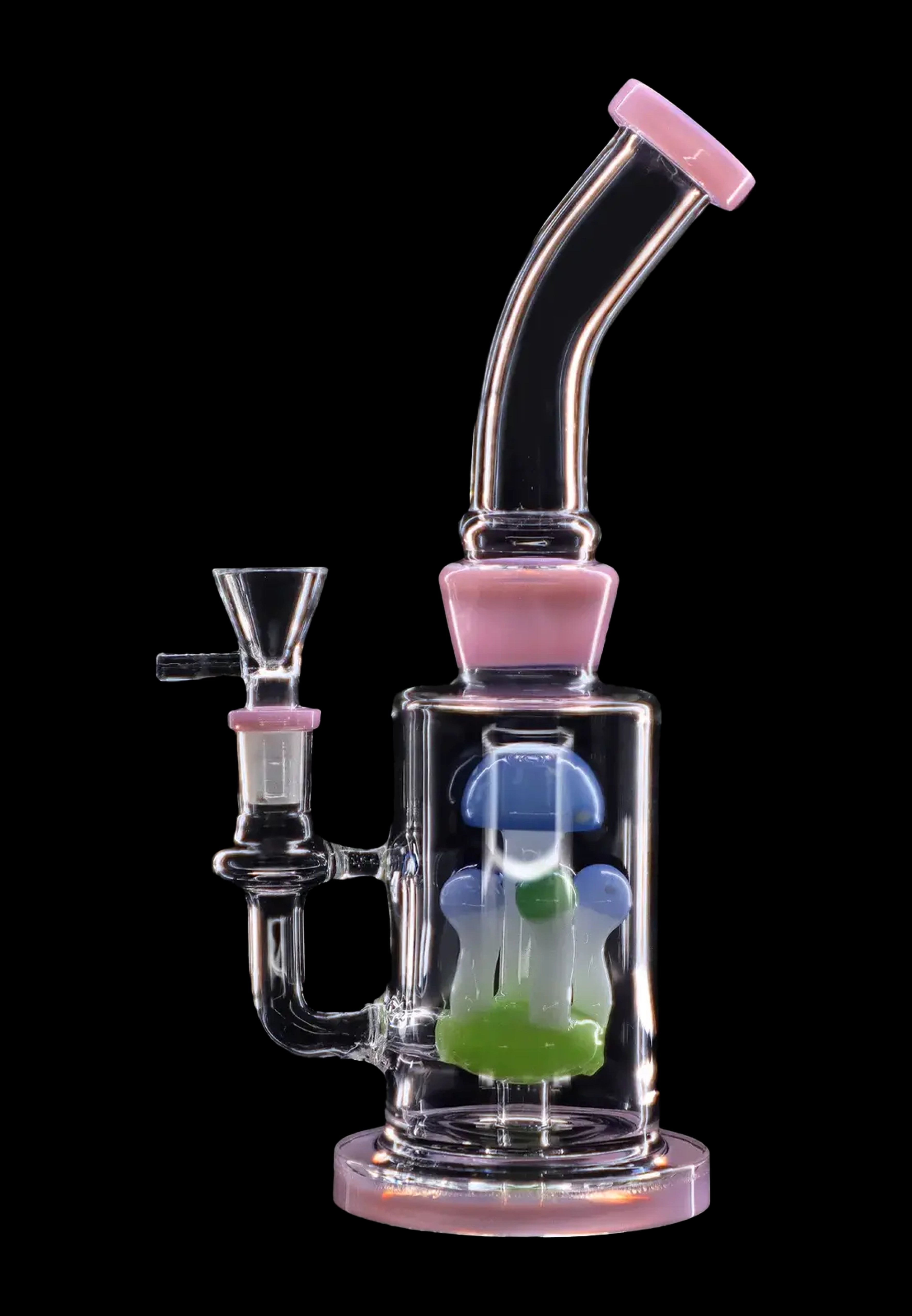 Glass bong with colorful bubbler and pink accents, isolated on a black background.