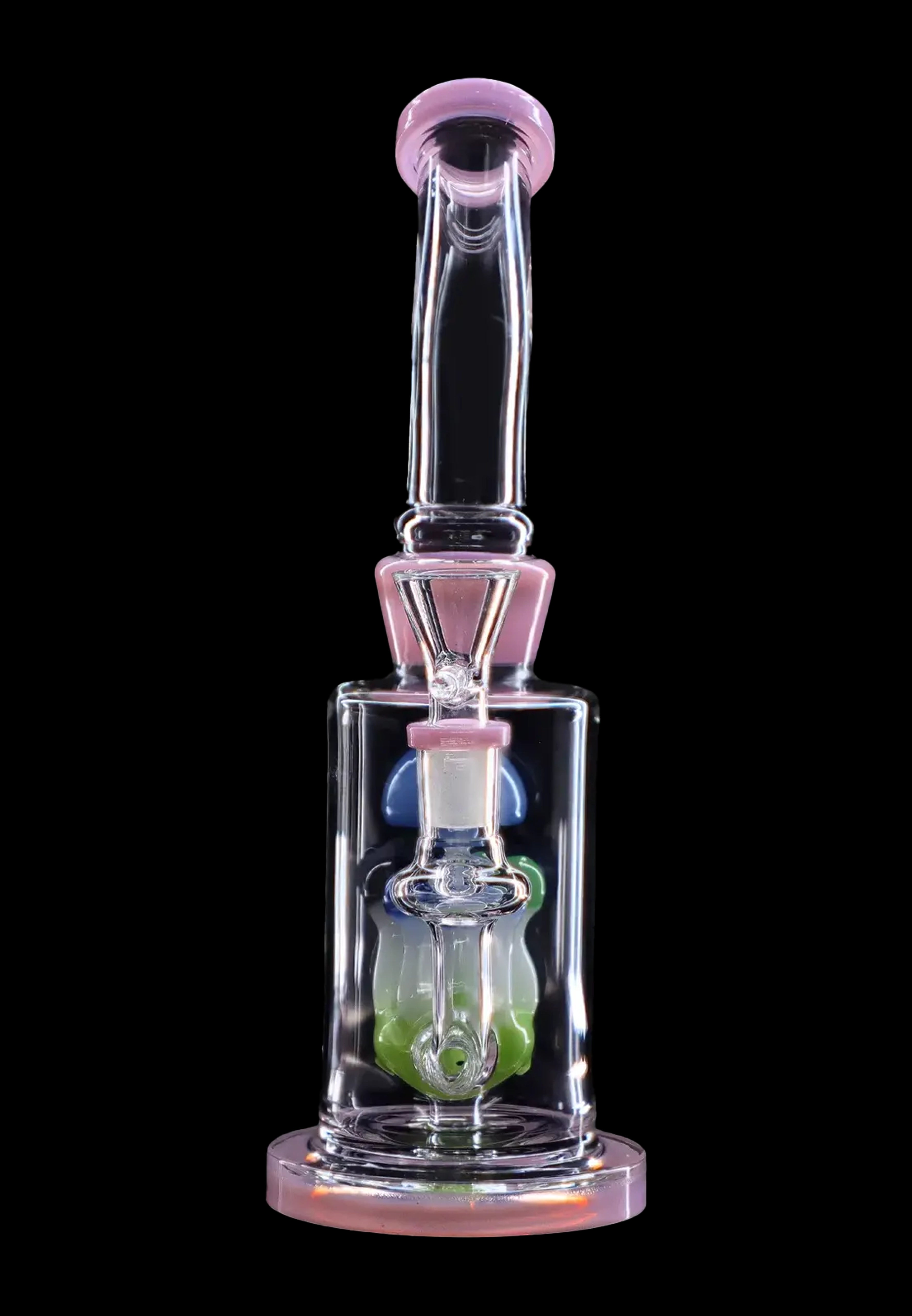 A colorful glass water pipe (bong) with a bubbler design, isolated on a black background.