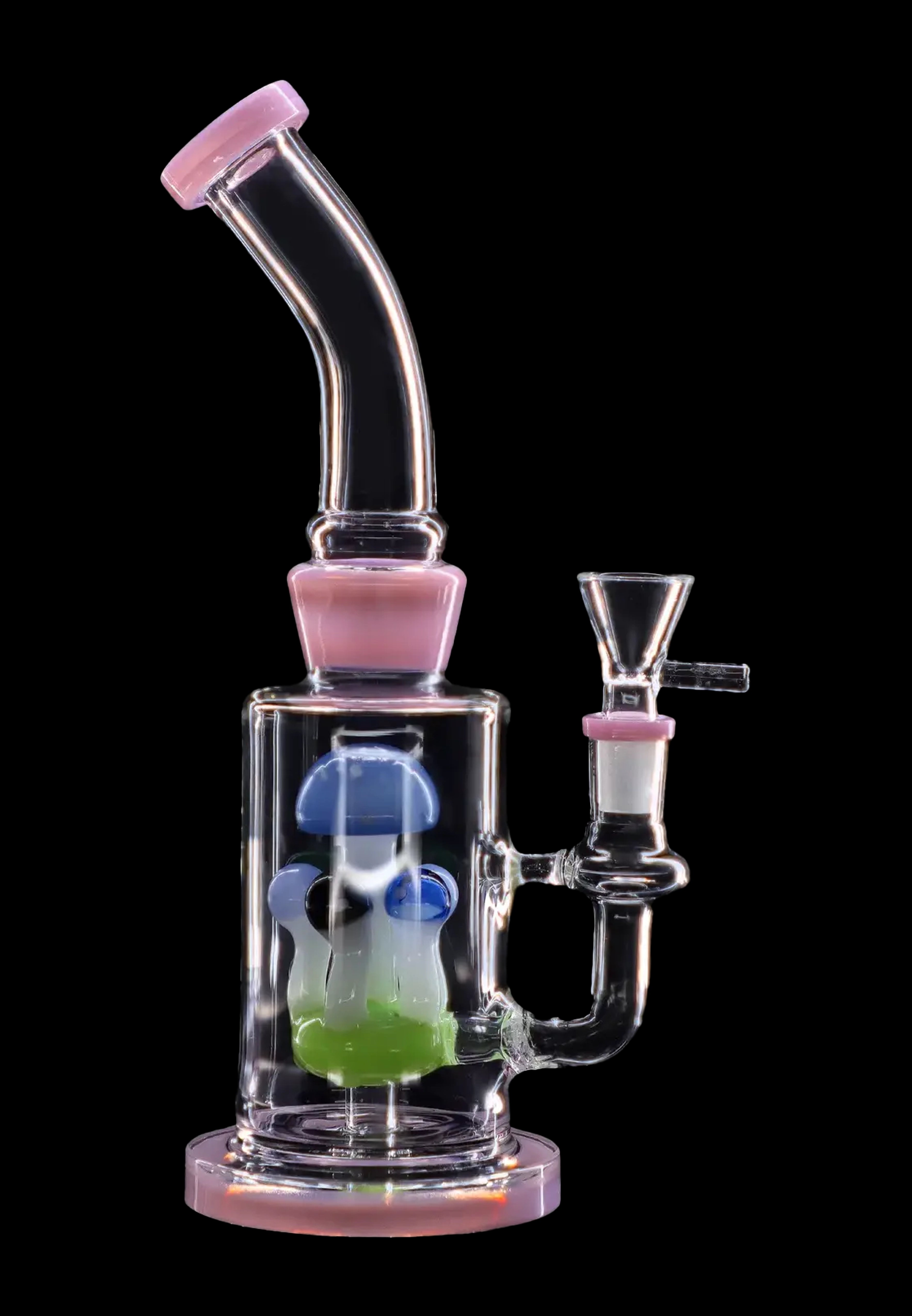 A glass water pipe (bong) with a colorful, sculptural centerpiece and pink accents, isolated on a black background.