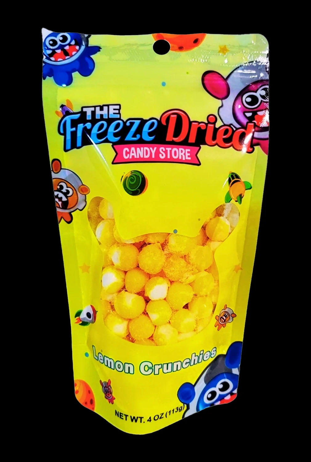 Brightly colored bag of “Lemon Crunchies” cannabis-infused freeze-dried snack.