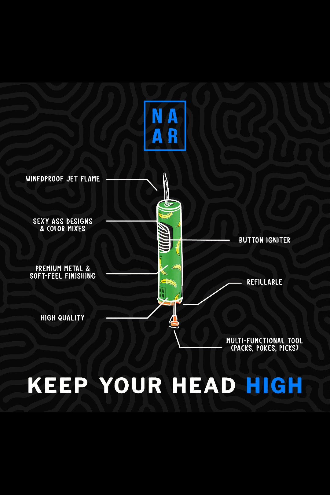 Product infographic of a sleek, green lighter with labeled features including windproof jet flame, refillability, and multi-functional tool, against a dark, swirling background with the text “Keep Your Head High.”