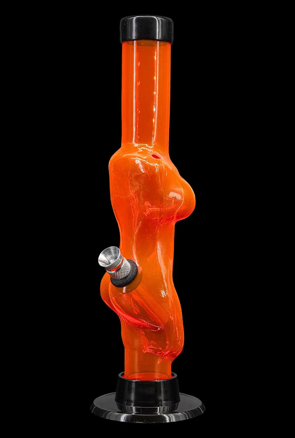 Orange glass water pipe with a sculpted female torso shape.