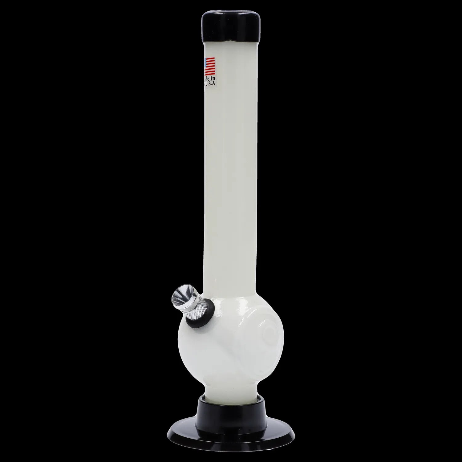 Straight-on view of the JM Plastics Magic 8 Ball Base with Carb Hole Acrylic Bong - 8 in., shown in a glossy clear-white body with a black mouthpiece and base against a black background.
