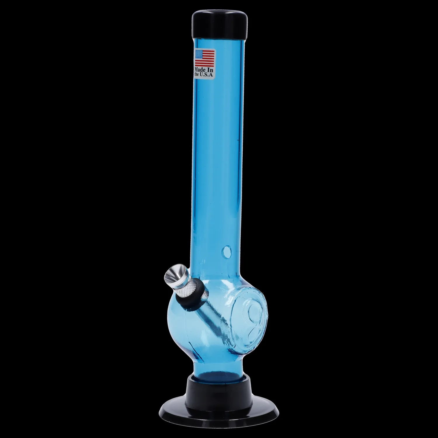 Centered front view of the JM Plastics Magic 8 Ball Base with Carb Hole Acrylic Bong - 8 in., shown in translucent blue on black.