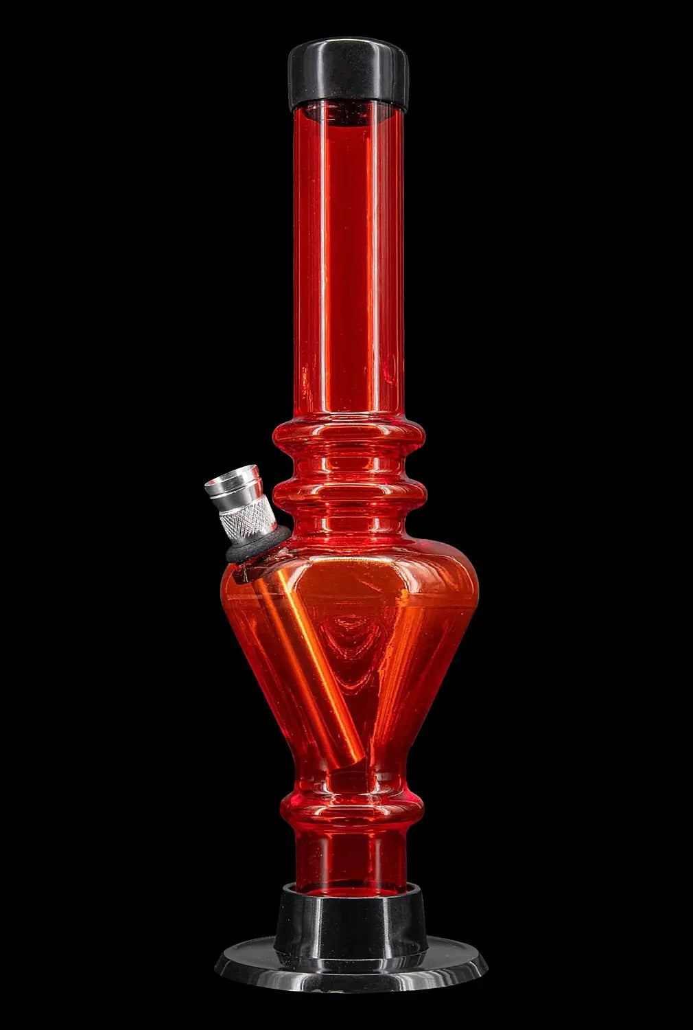 Red glass water pipe (bong) with black accents, studio shot.