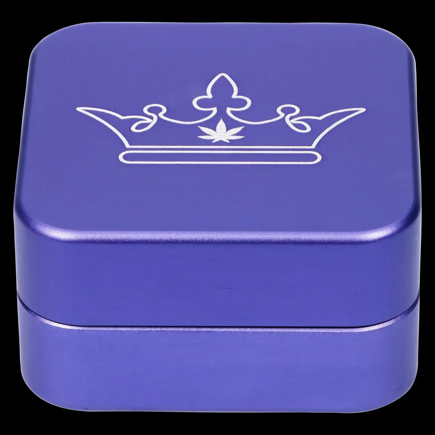 Blue metal stash box with a white crown and cannabis leaf emblem.