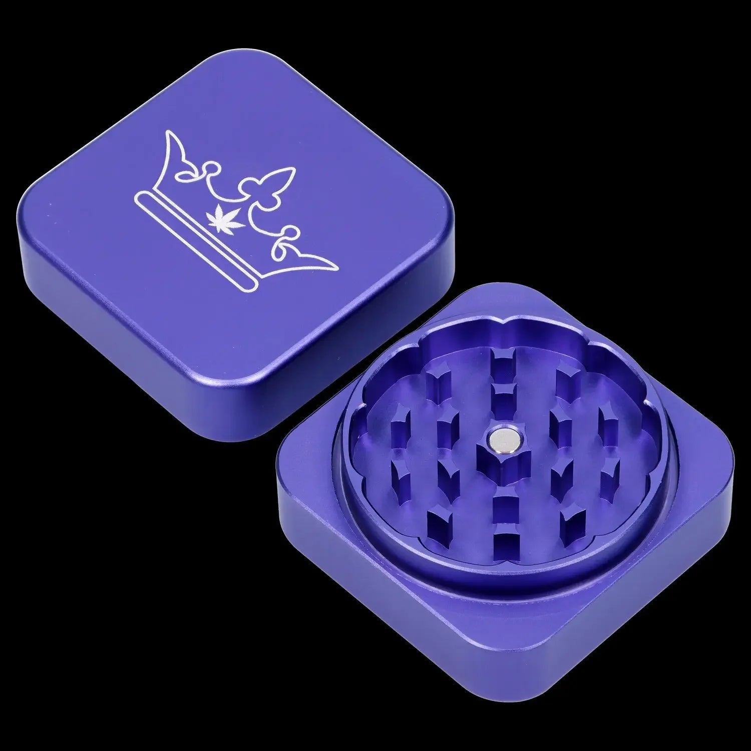 Blue metal grinder with a crown and leaf design, open to reveal the grinding teeth.