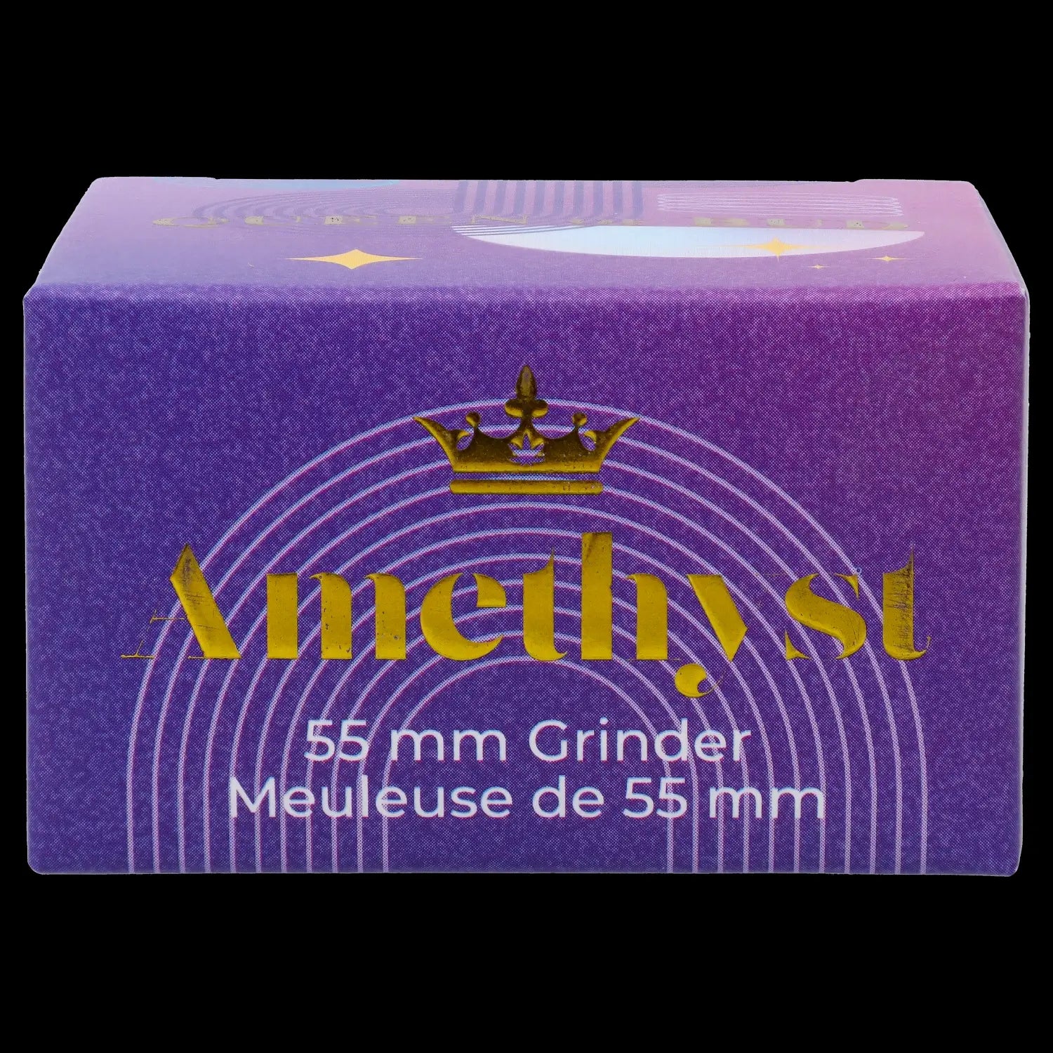 Purple box for a 55mm cannabis grinder labeled "Amethyst" with French text.