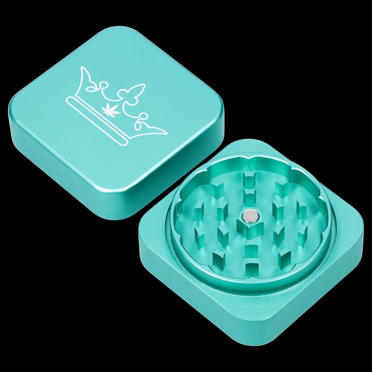 A top-down view of the open Queen of Bud 2-Piece Grinder, showcasing the metallic grinding teeth within its 55mm structure.