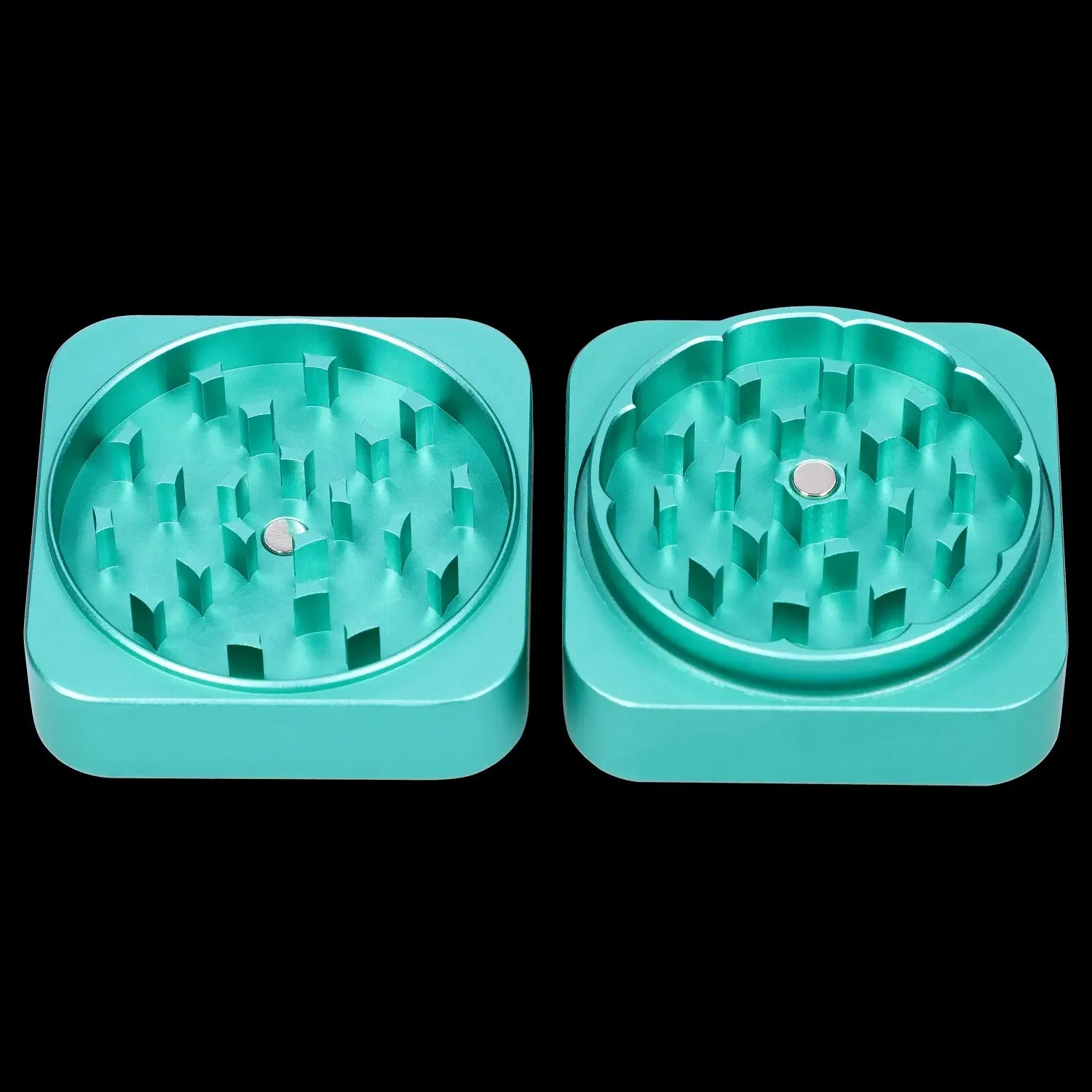Two turquoise cannabis grinders against a black background.