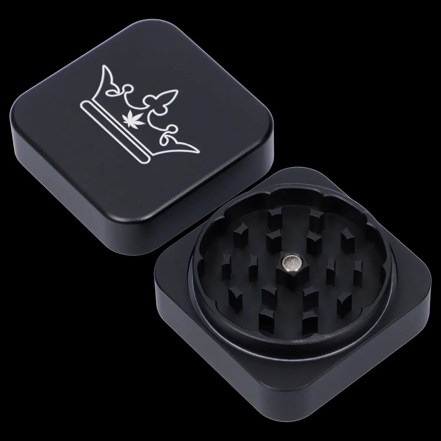 A top-down view of the 55mm Queen of Bud 2-Piece Grinder, displaying its metallic, multi-tiered grinding mechanism.