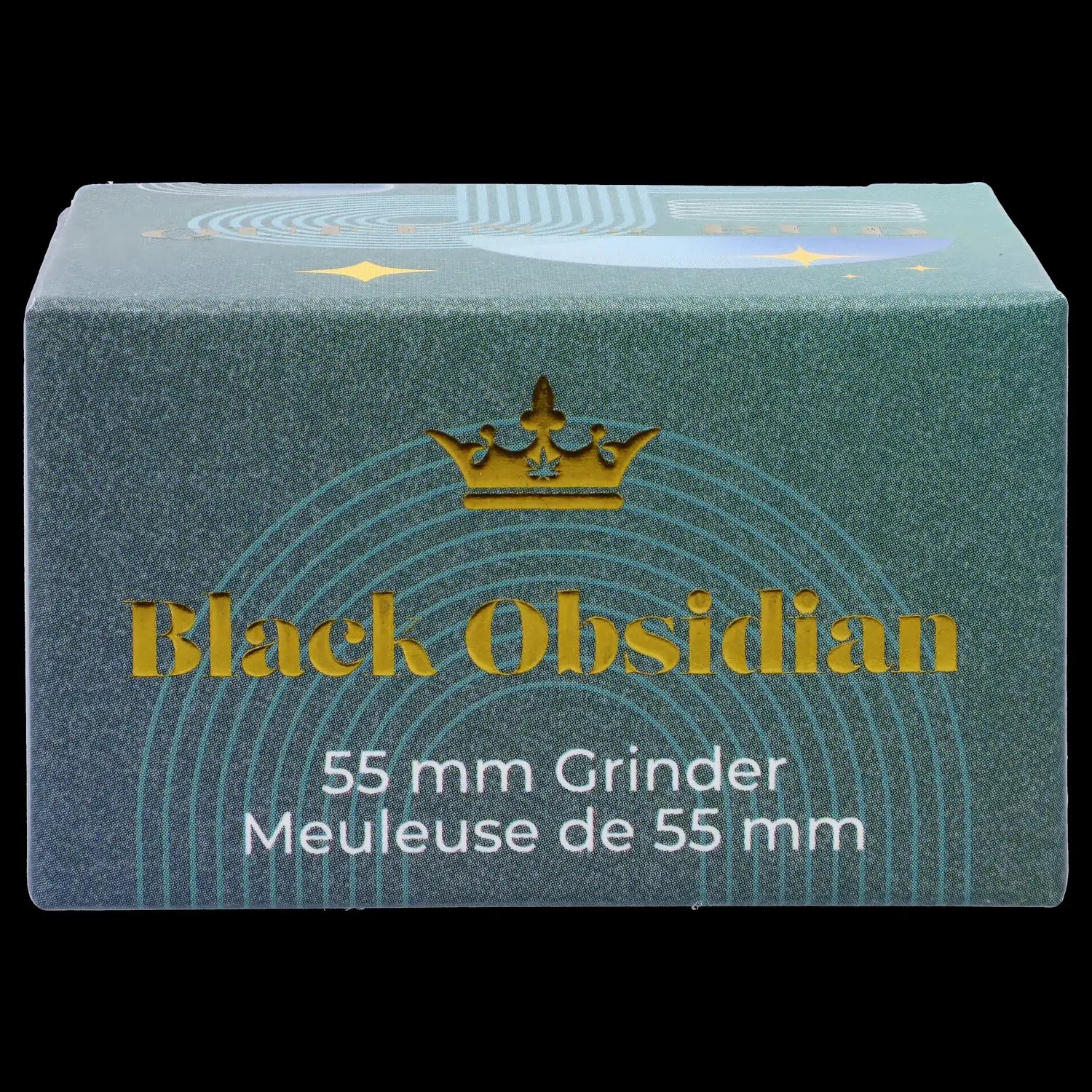 Green box for a “Black Obsidian” 55mm cannabis grinder, with a cannabis leaf crown design.
