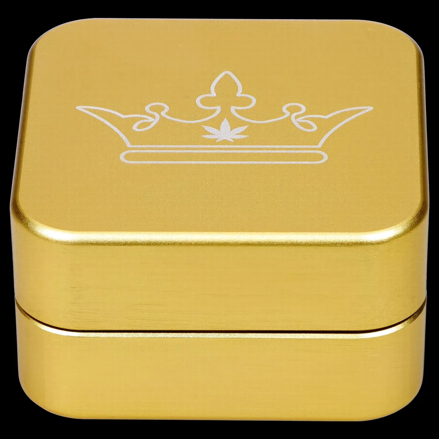 Front view of the Queen of Bud 2-Piece Grinder, a golden metallic grinder with a simple, cylindrical design.