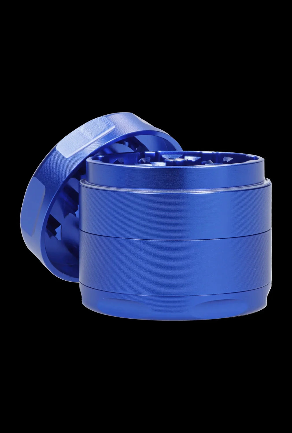 Blue four-piece cannabis grinder with lid ajar, revealing the teeth inside.