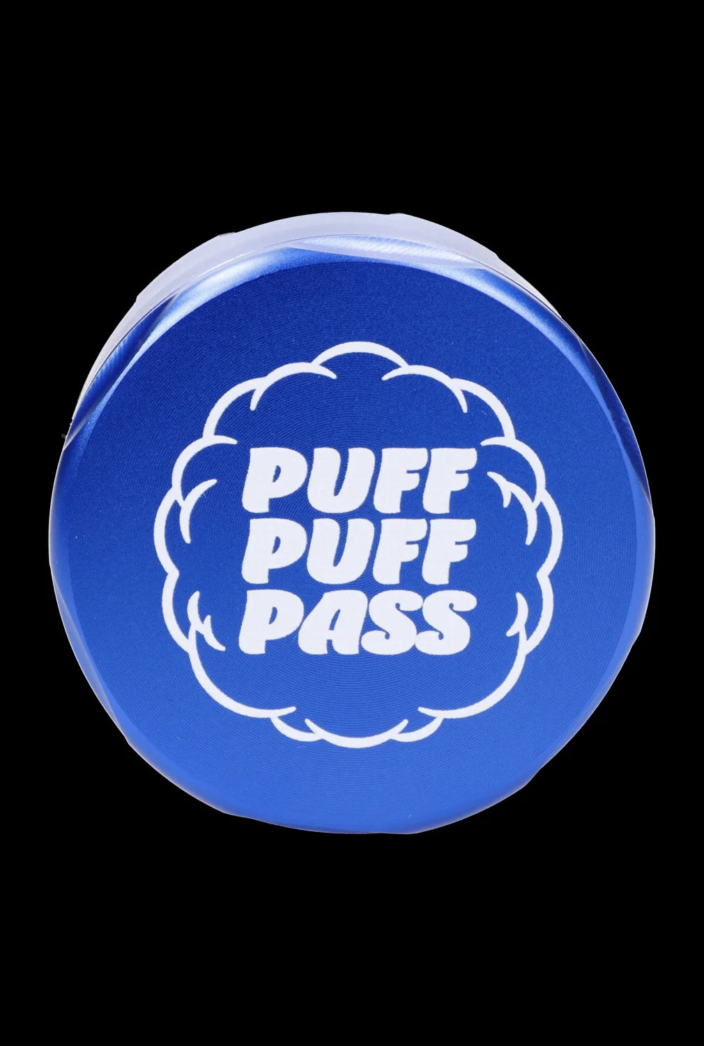 Blue cannabis accessory lid with “PUFF PUFF PASS” text. <start_of_image>