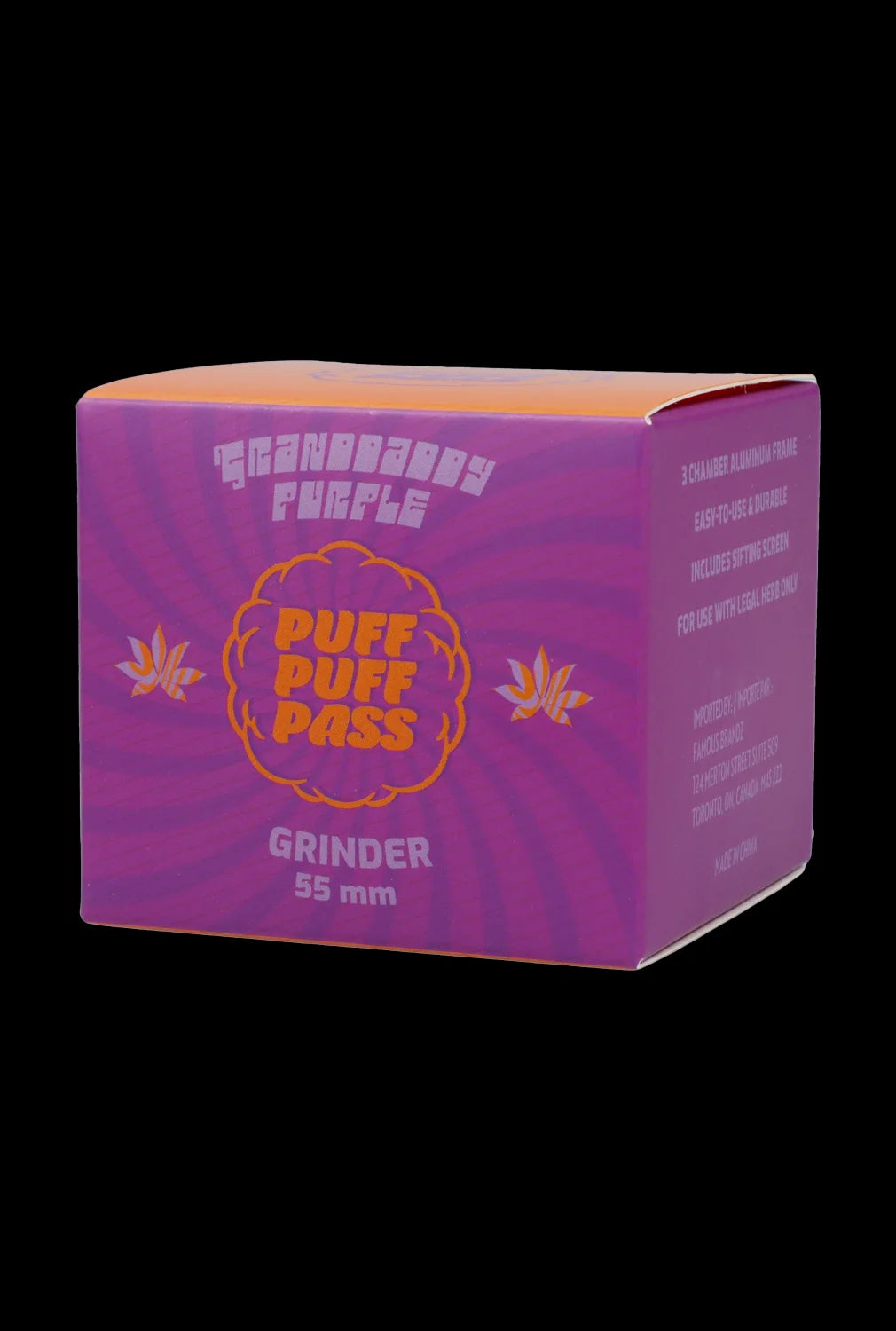 Pink cannabis grinder with “Strawberry Purple” and “Puff Pass” branding. 55mm.